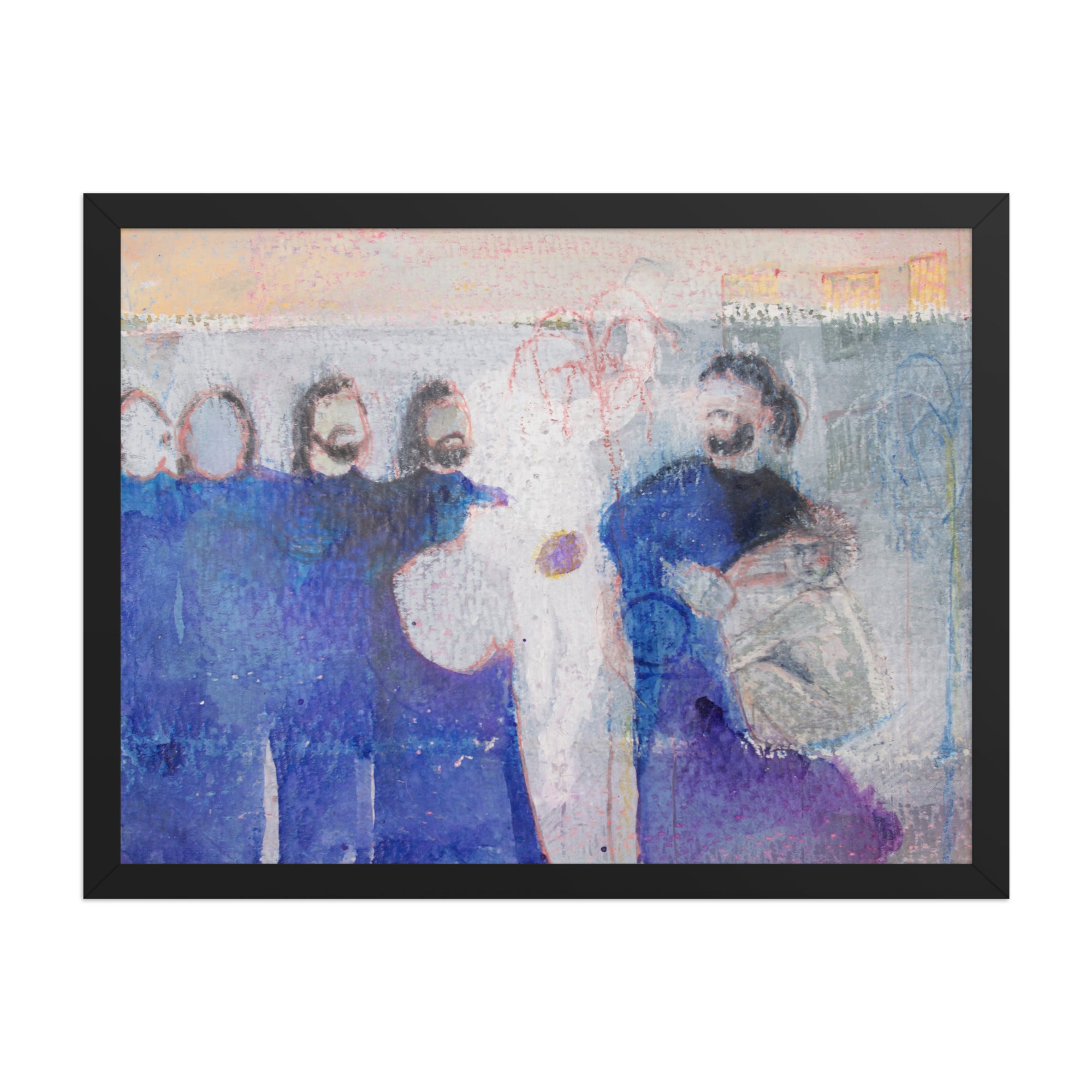 Framed artwork of a band in blue clothing with a central figure holding a guitar.