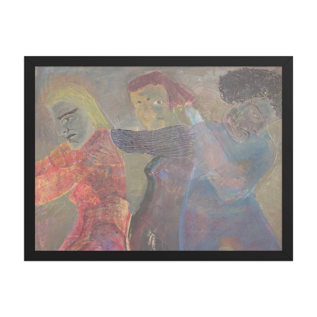 Abstract artwork of three figures leaning against each other