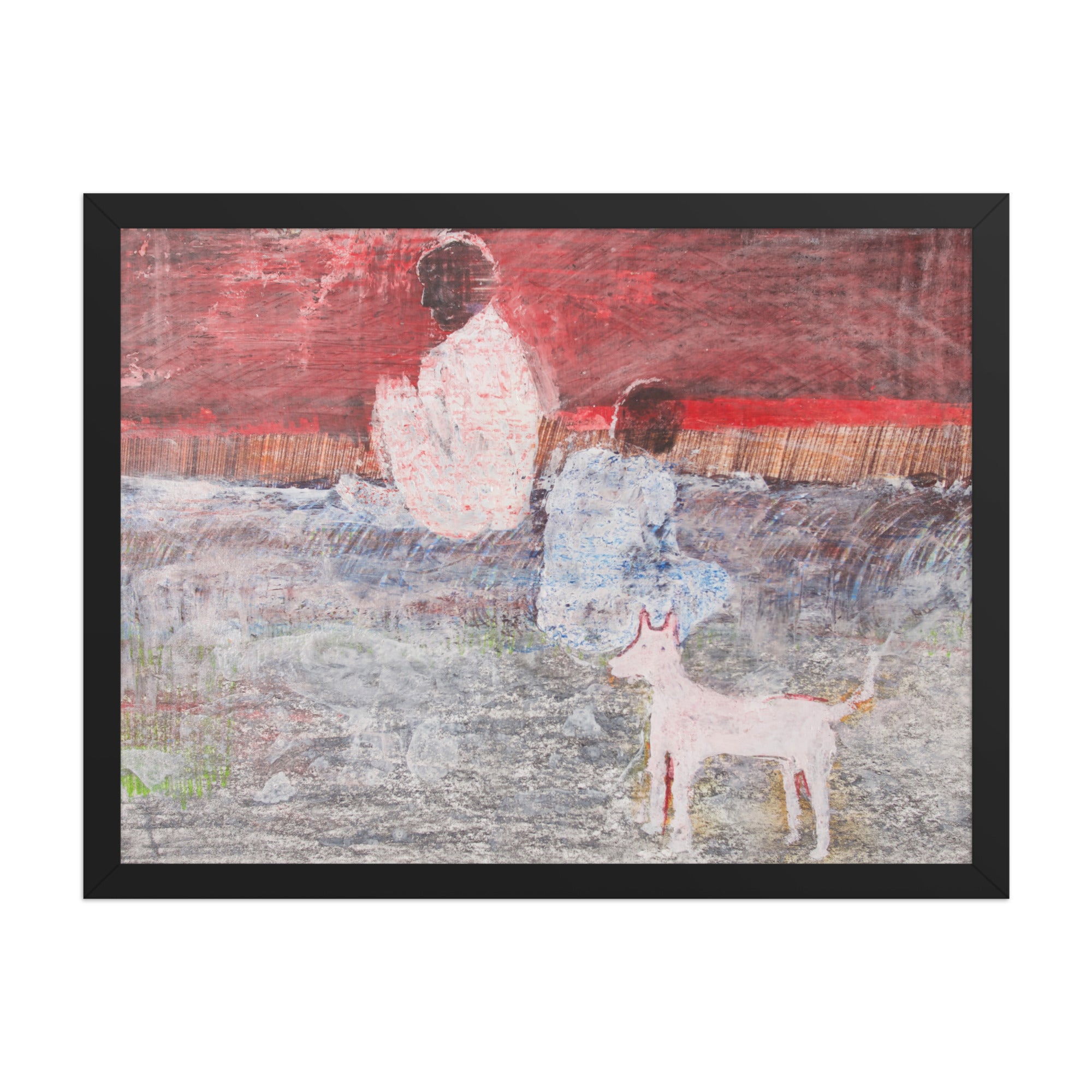 Framed artwork of two figures with a dog against a red sky.