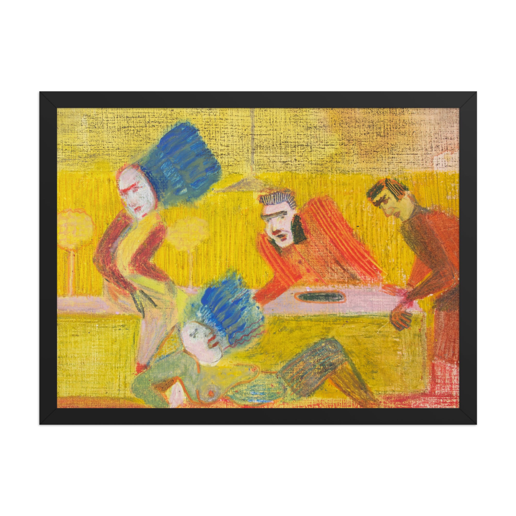 Artistic depiction of four figures with colorful clothing on a textured yellow background