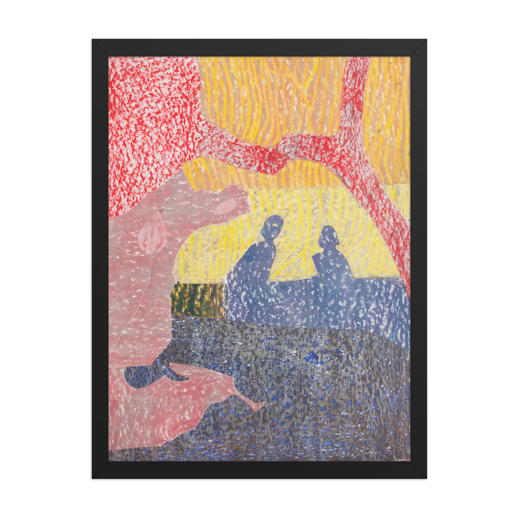 Abstract artwork with colorful patterns and silhouettes on a white background