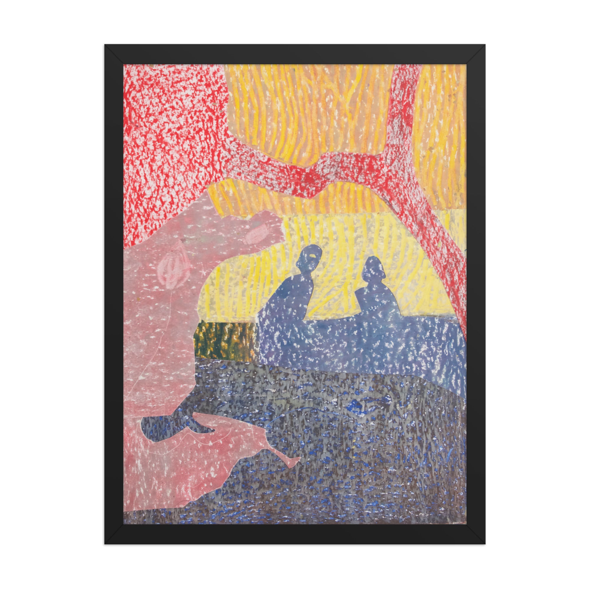 Abstract artwork with colorful patterns and silhouettes on a white background