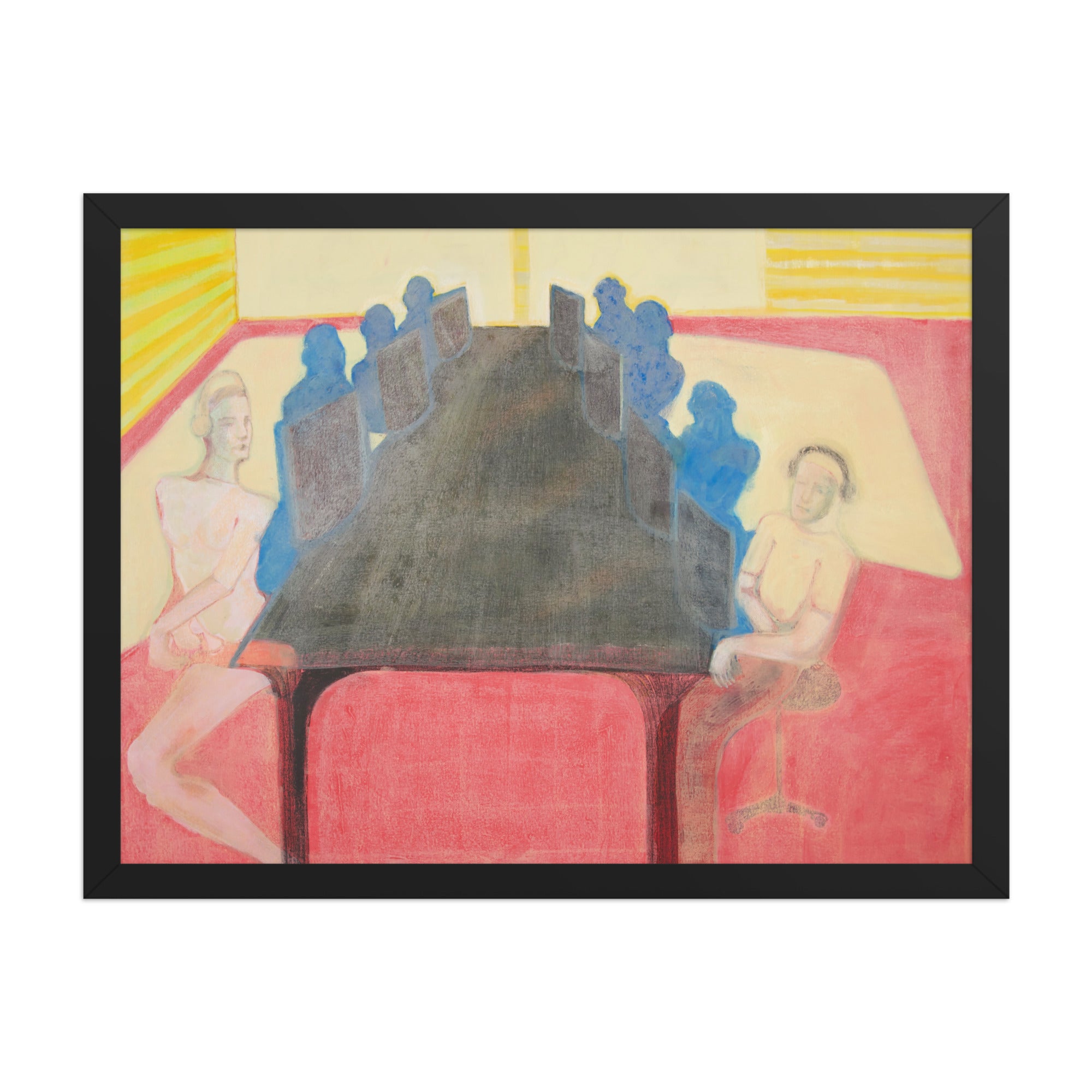 Artistic depiction of a group of people in an office setting with computers with abstract elements and vibrant colors.