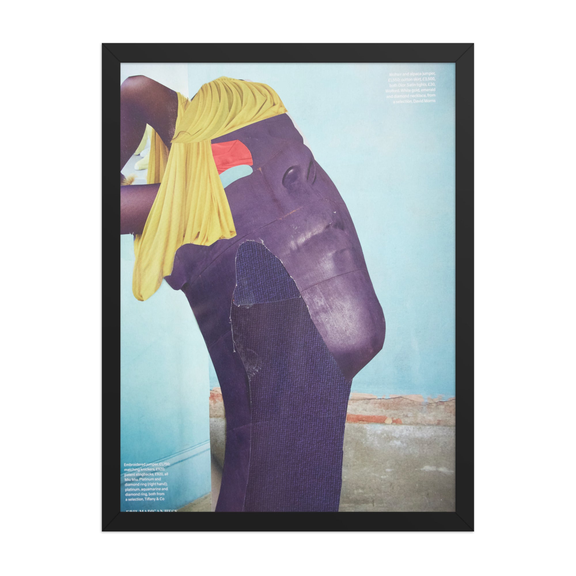 Framed artwork of a person with a yellow headscarf and purple face against a blue background