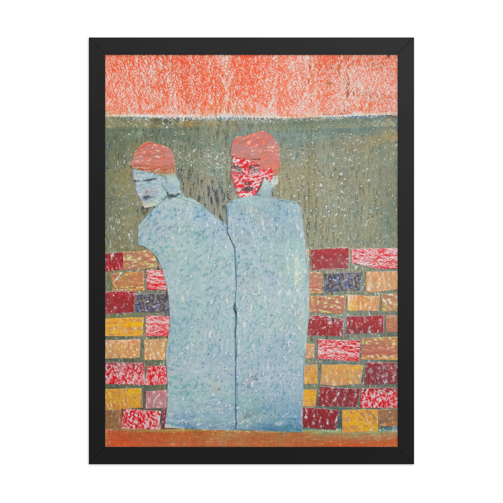 Abstract artwork of two figures with a colorful geometric brick wall