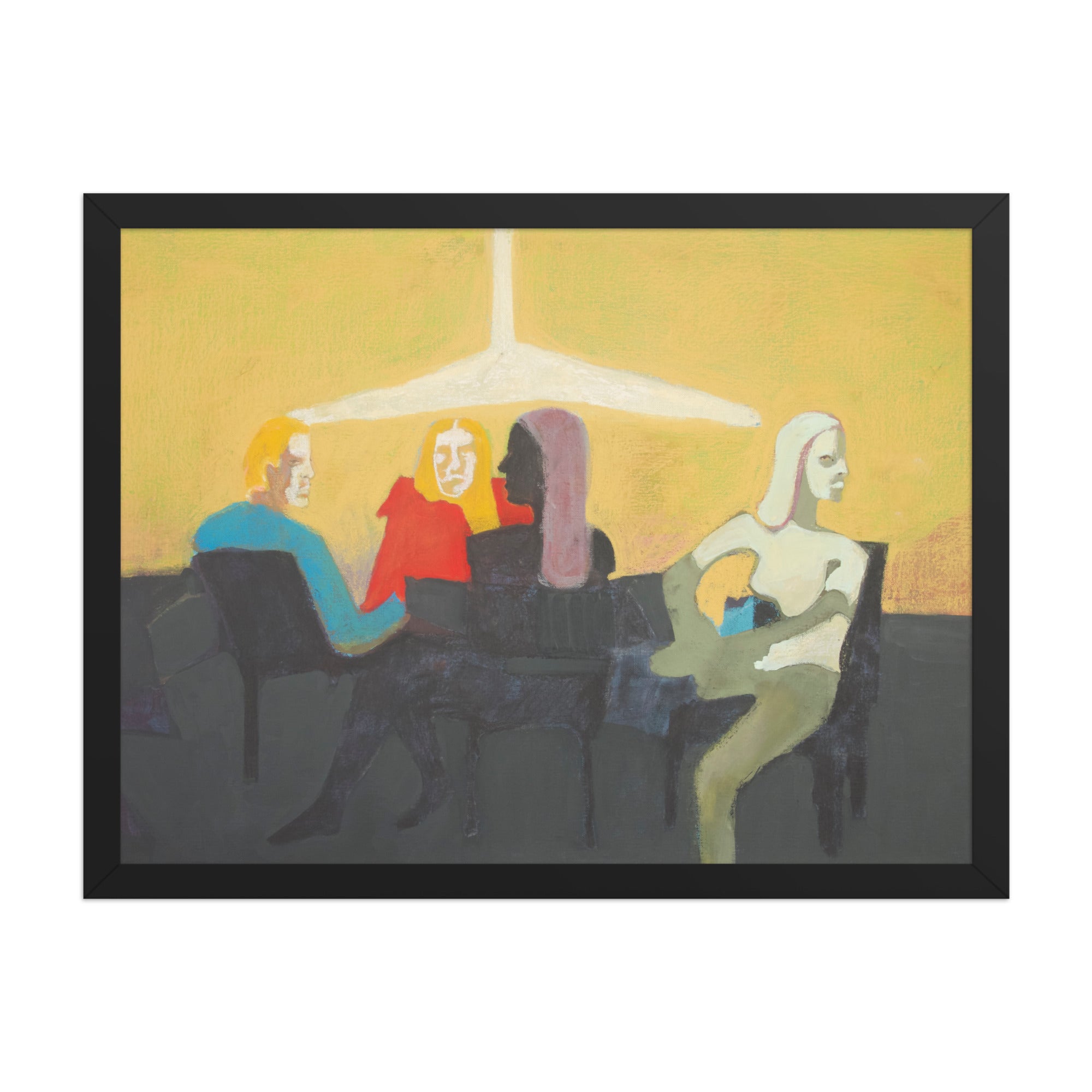 Artistic depiction of people sitting at a table with a yellow wall and white ceiling light in the background.