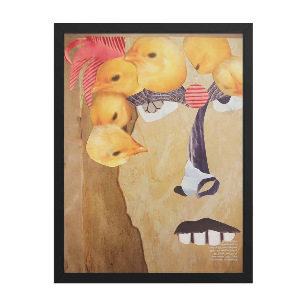 artist collage of a yellow face with big teeth and chicks over its head
