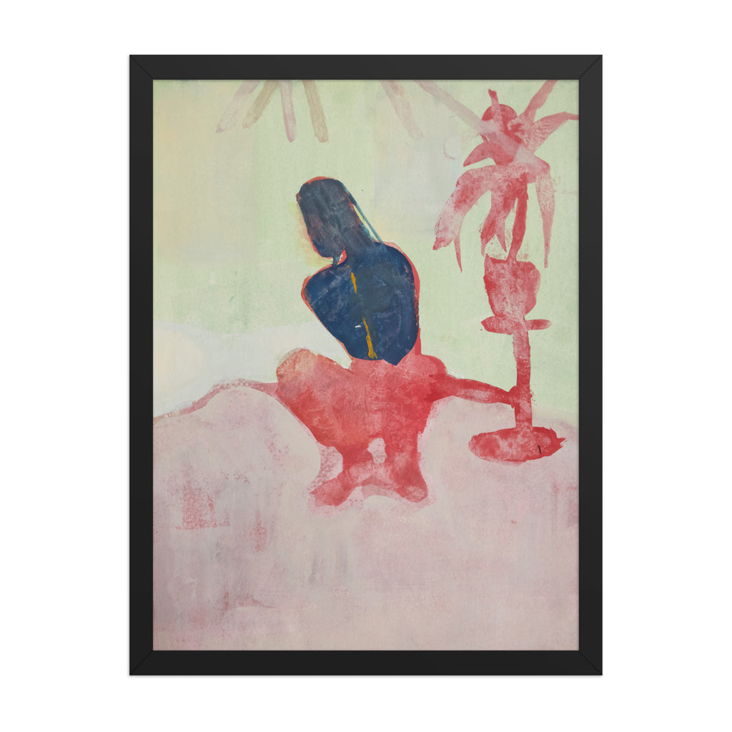 Abstract artwork with a figure on a light green background and a red palm tree