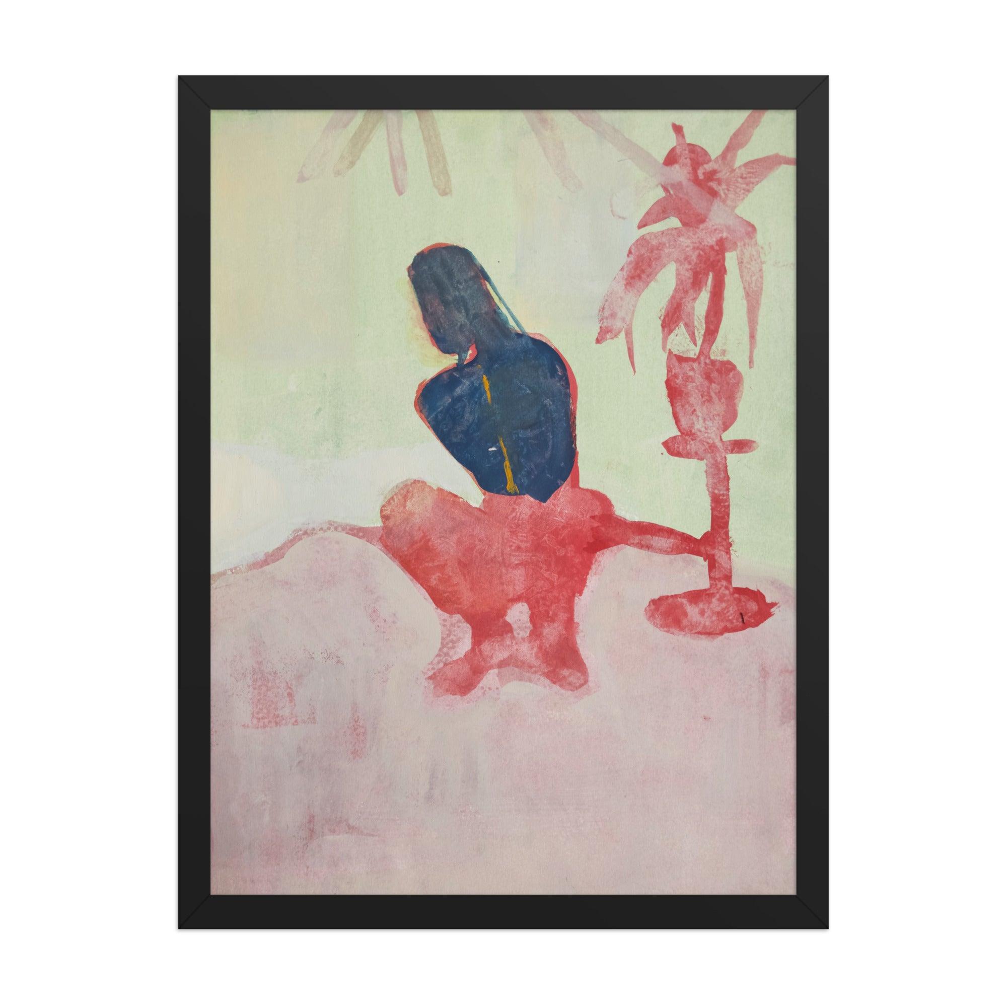 Abstract artwork with a figure on a light green background and a red palm tree