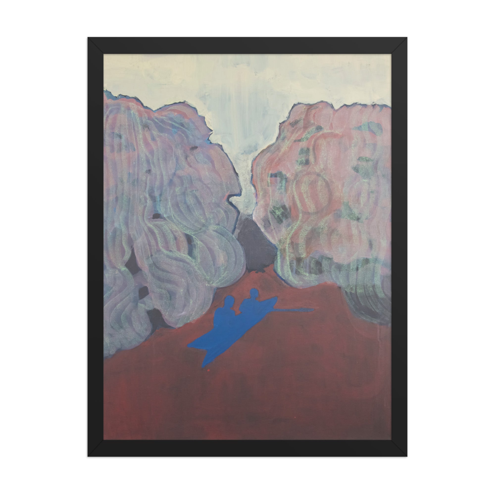 Abstract artwork with two large expressive willow trees and a blue silhouette of a kayak 