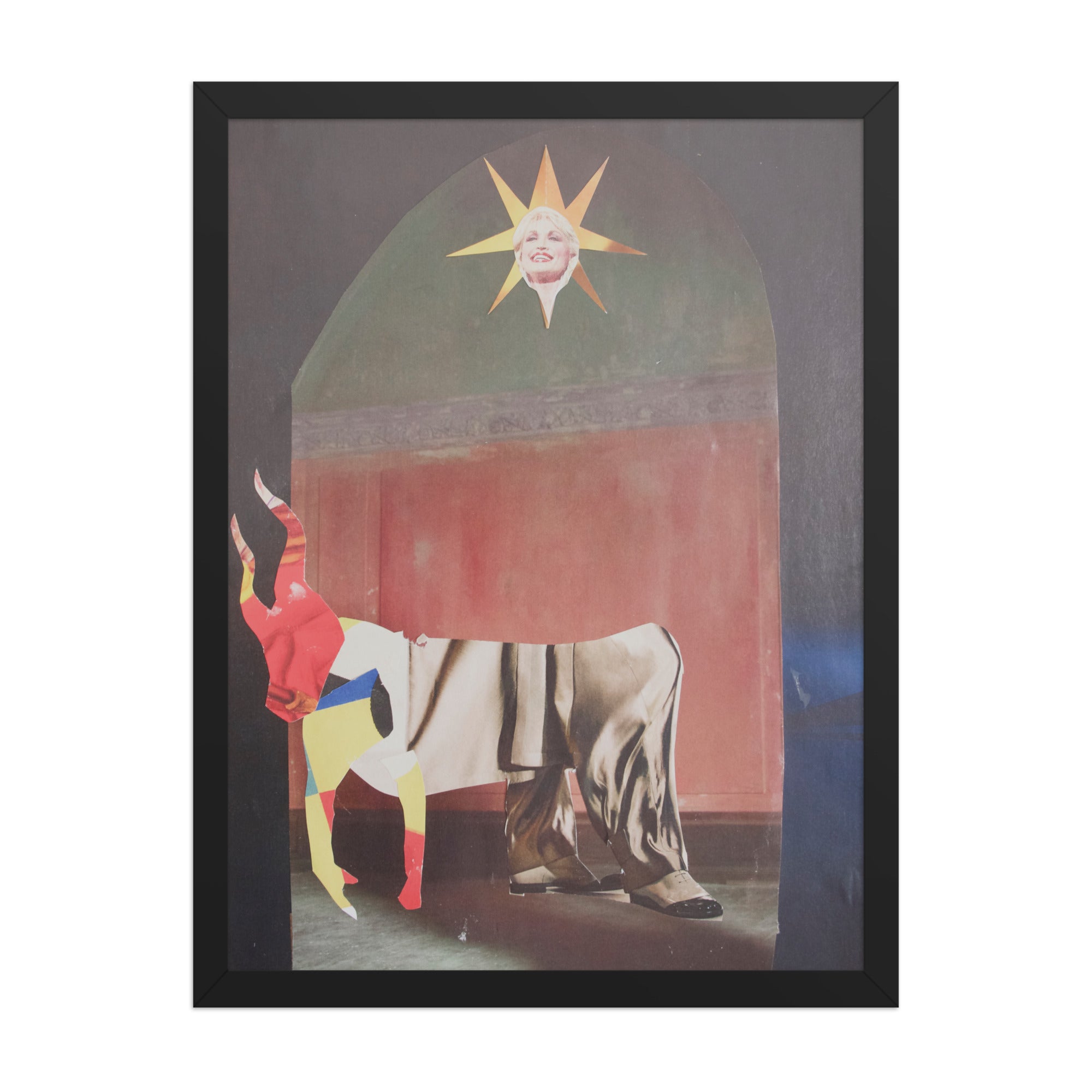 Framed artwork with a colorful collage of a bull-like creature and a sun with the face of dolly parton