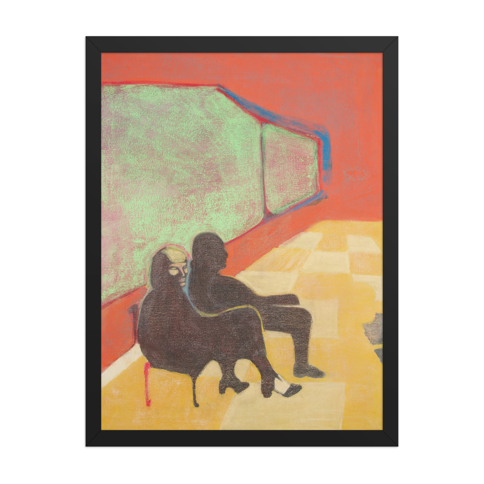 Artistic depiction of two figures sitting in a colourful room