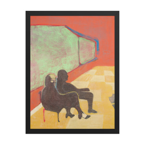 Artistic depiction of two figures sitting in a colourful room