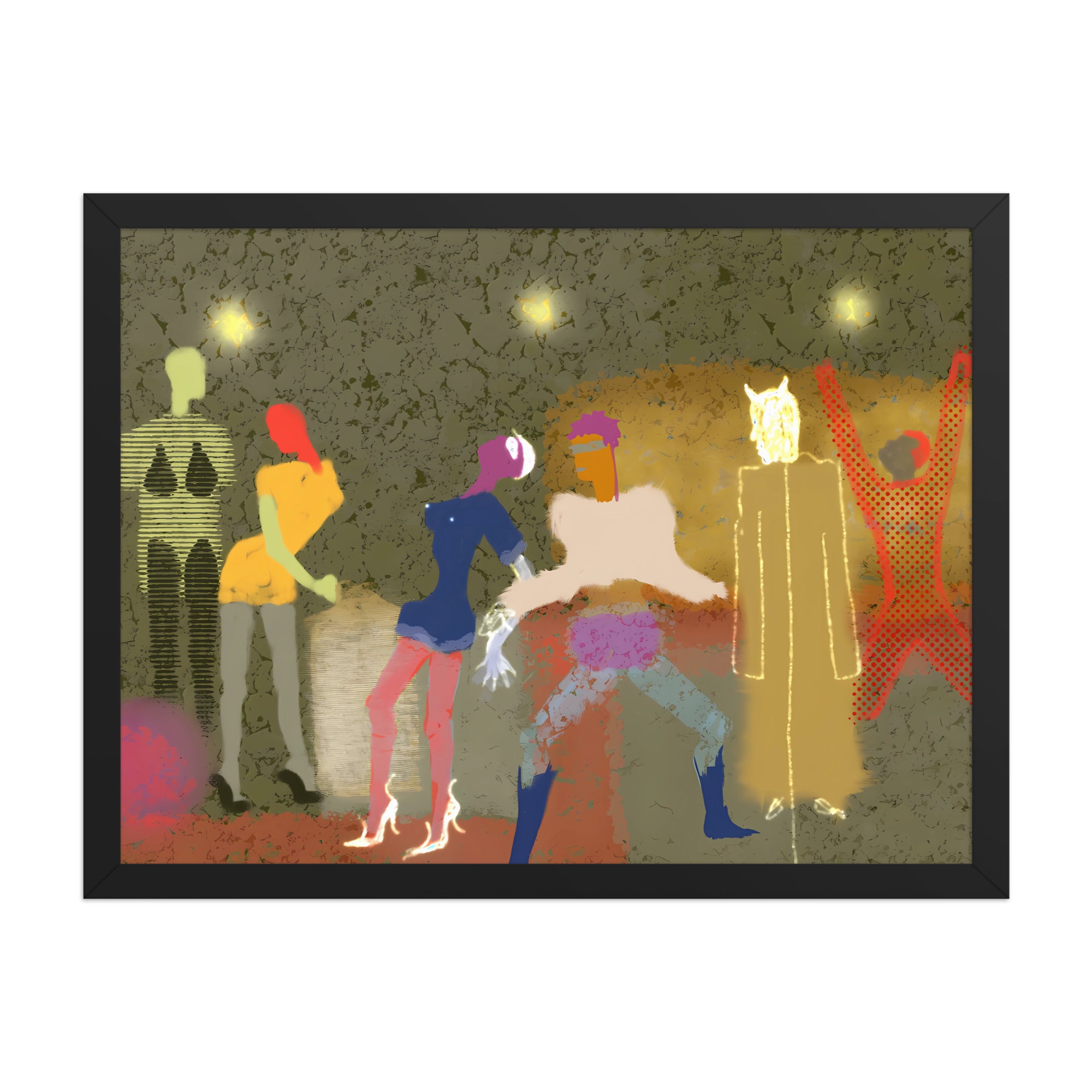 artist print of colourful figures dancing at a party with a devil