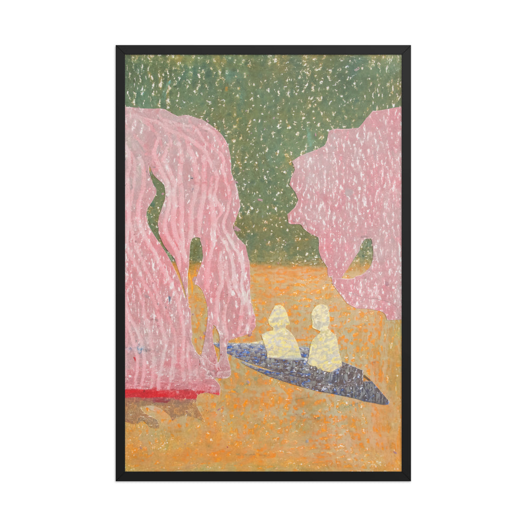 Artistic depiction of two figures kayaking under pink trees in a landscape.