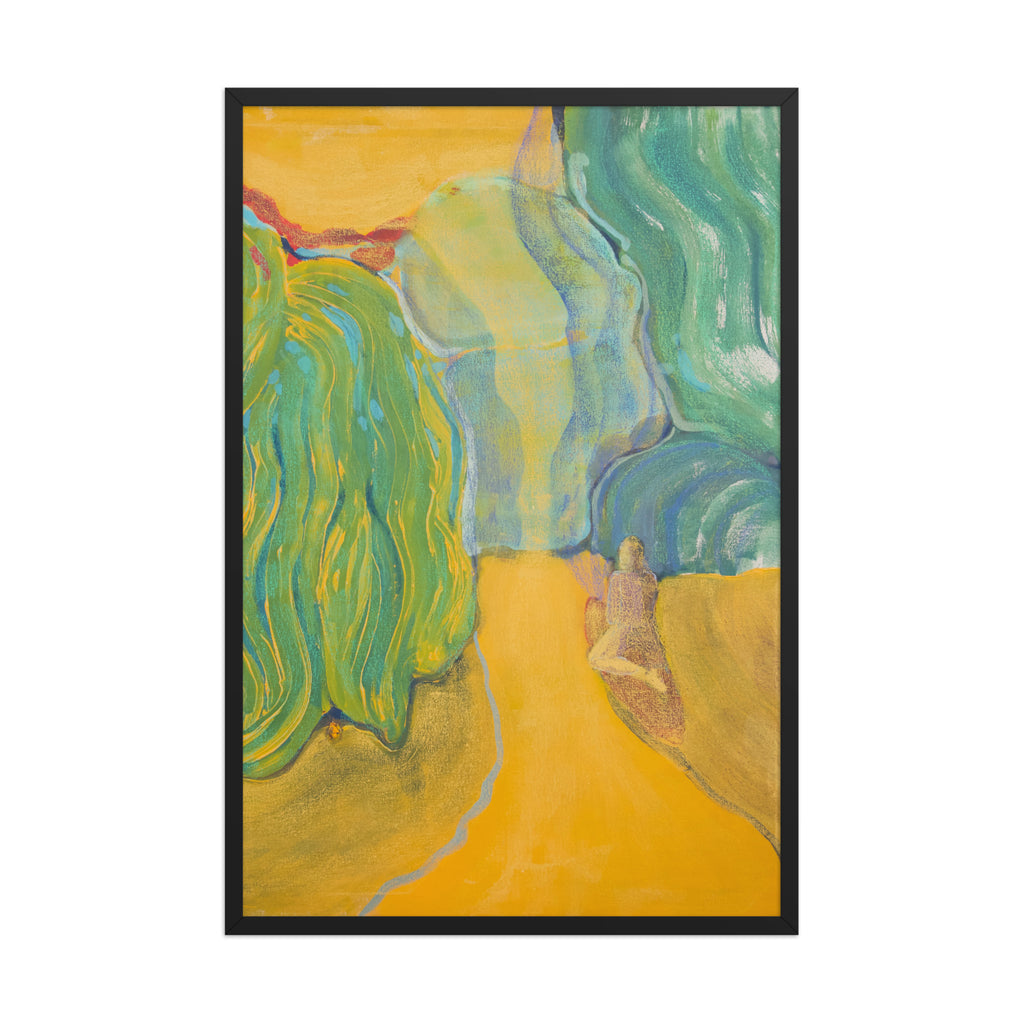 Abstract artwork with wavy green and blue willow trees on a yellow background
