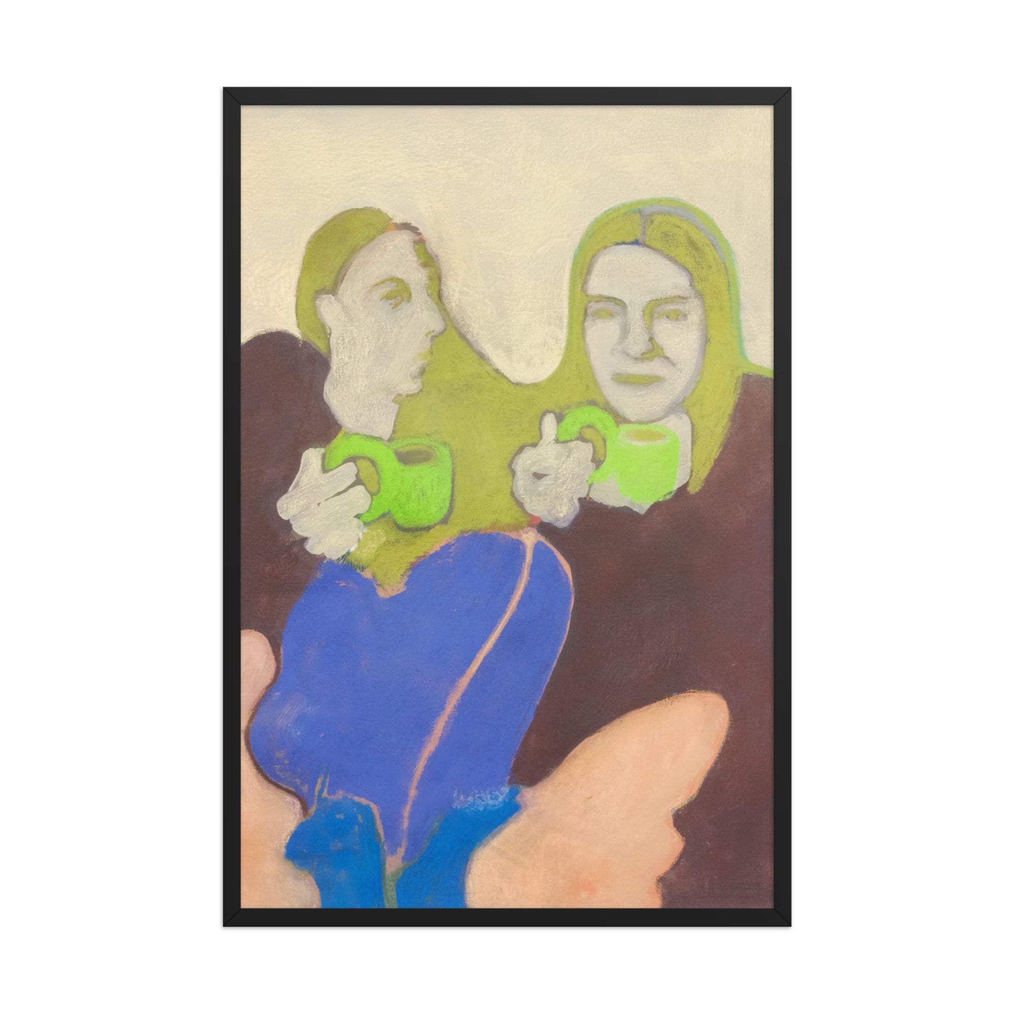Artistic depiction of two figures holding green mugs against a beige background