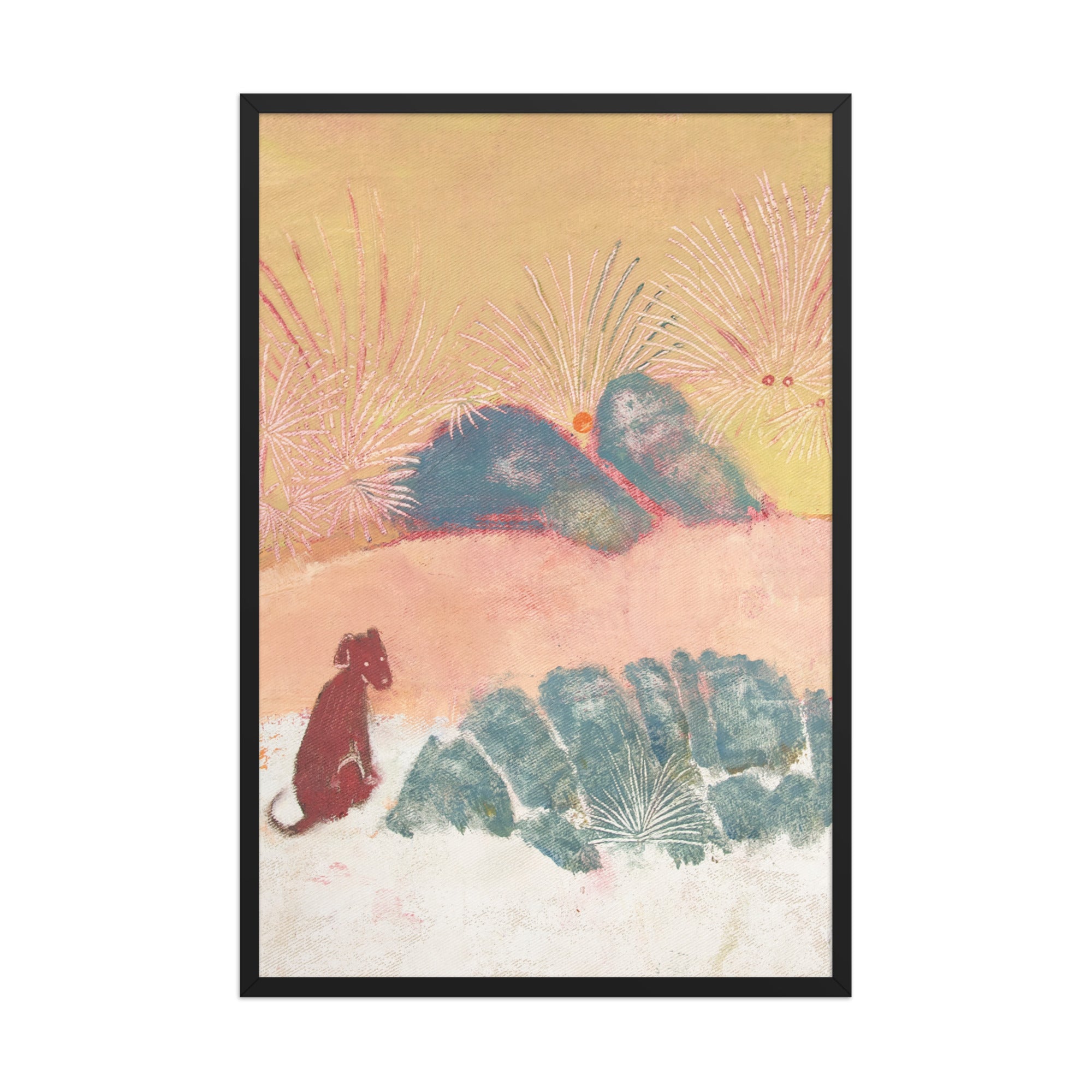 Framed artwork with a stylized landscape and a dog on a beige background