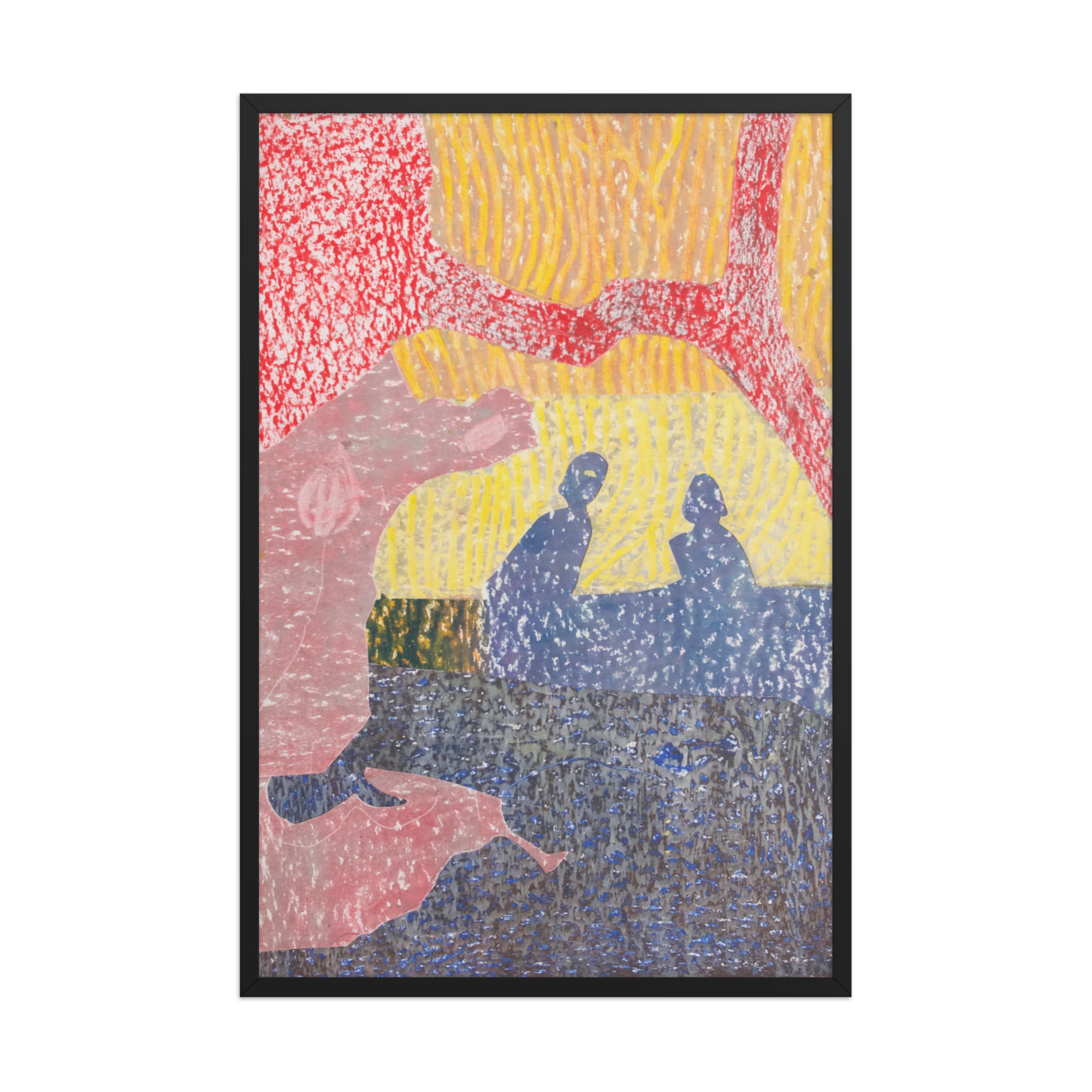 Abstract artwork with colorful patterns and silhouettes on a white background