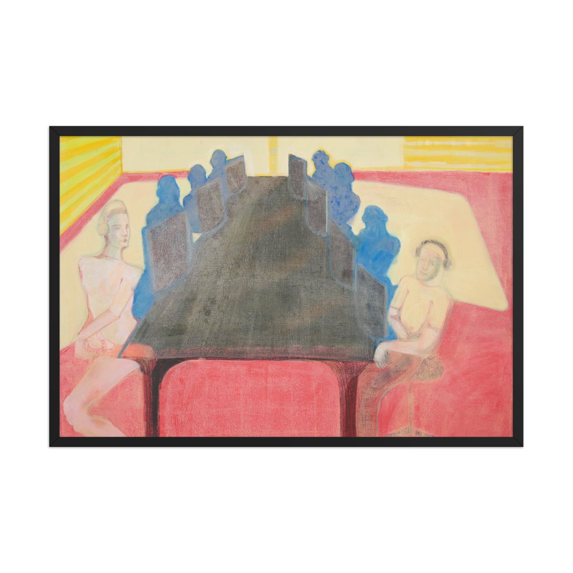 Artistic depiction of a group of people in an office setting with computers with abstract elements and vibrant colors.