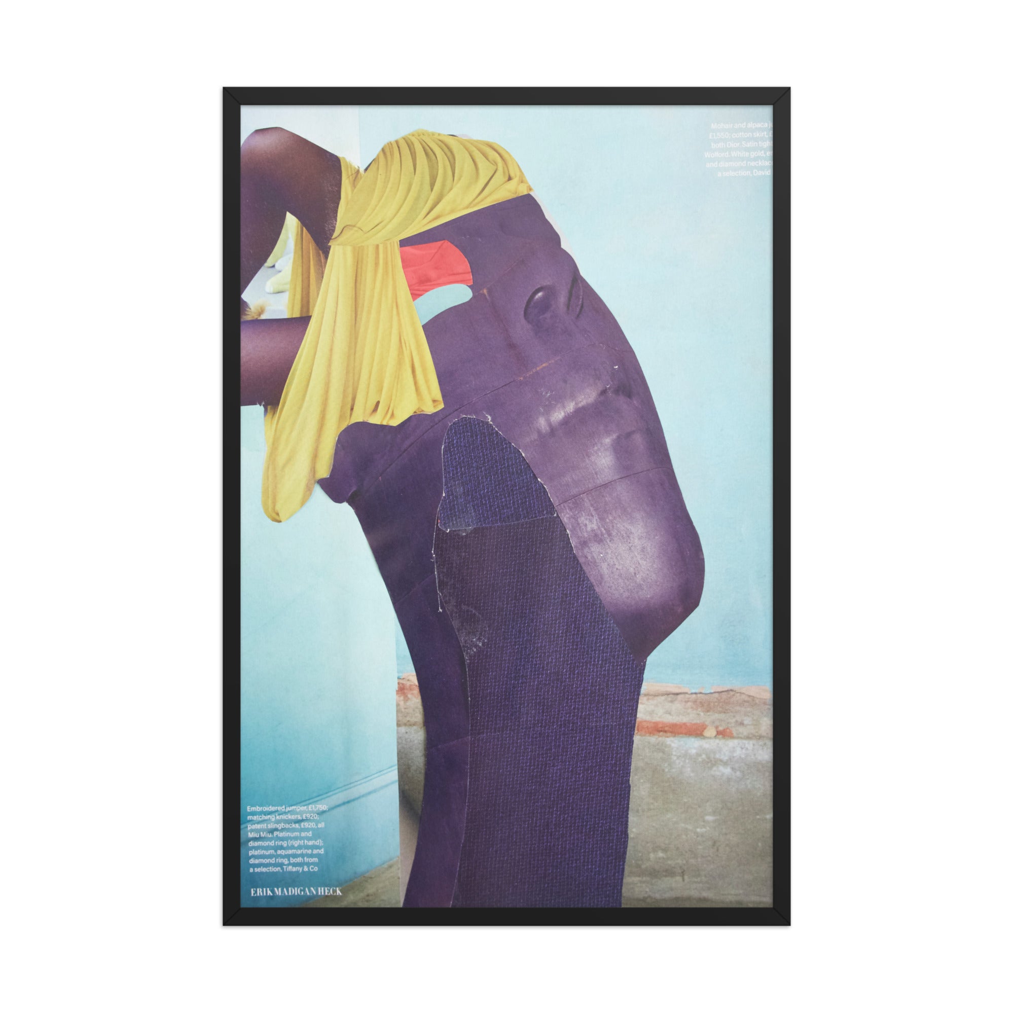 Framed artwork of a person with a yellow headscarf and purple face against a blue background