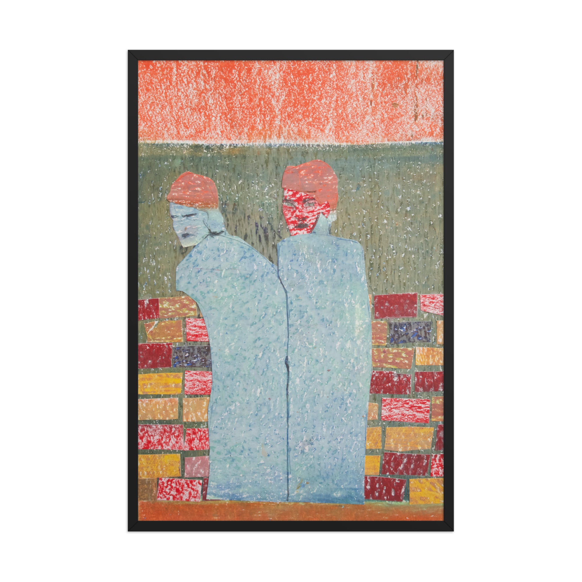 Abstract artwork of two figures with a colorful geometric brick wall