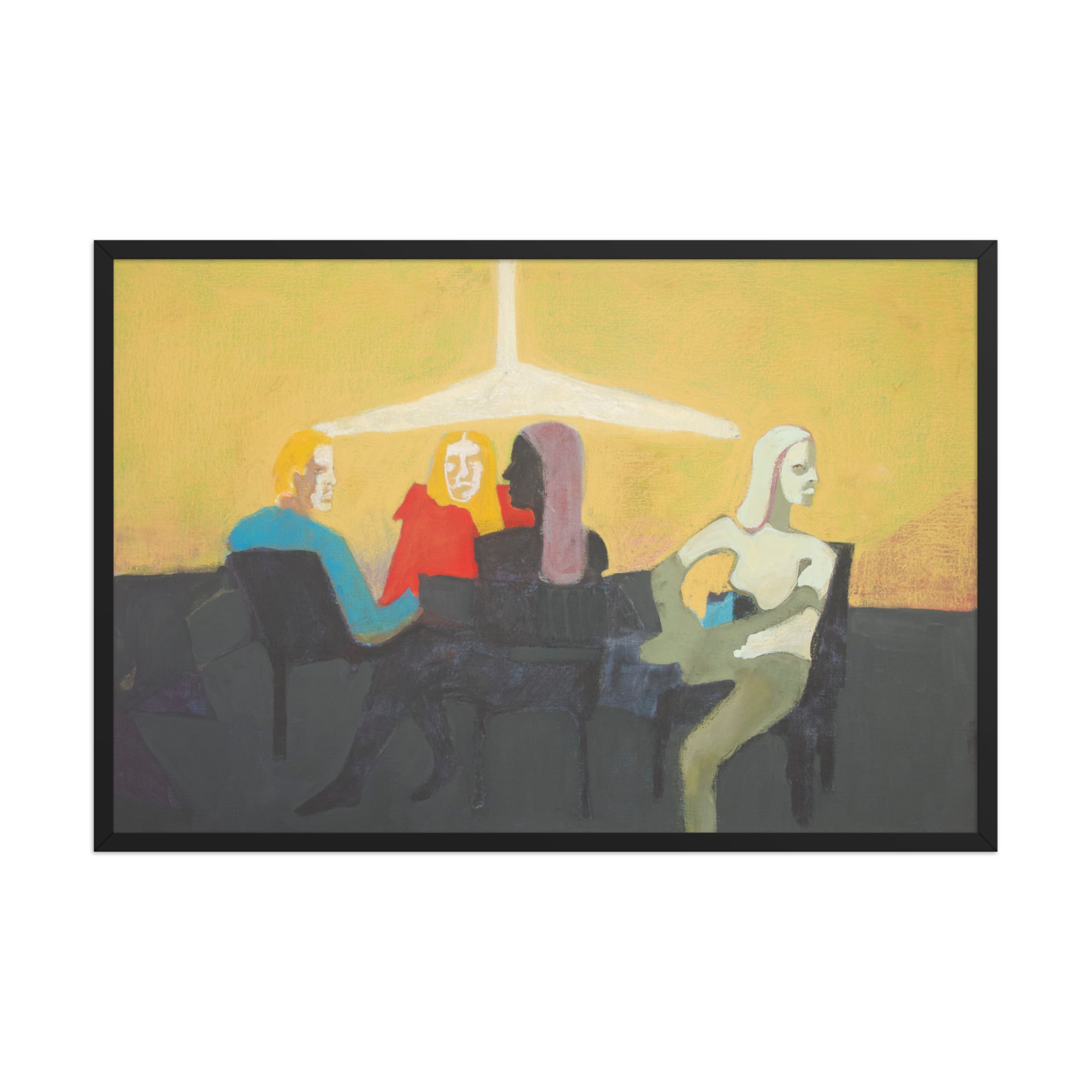 Artistic depiction of people sitting at a table with a yellow wall and white ceiling light in the background.