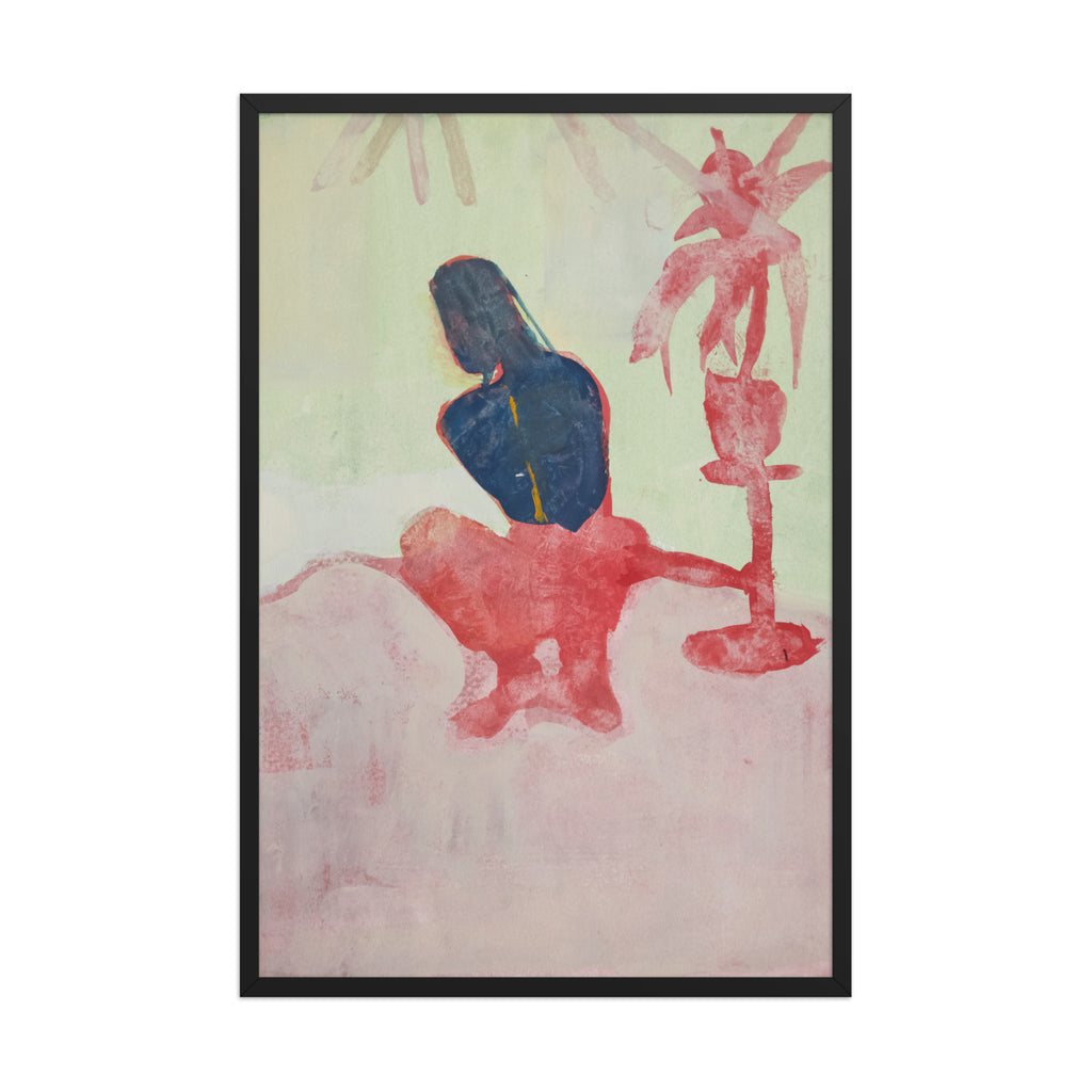 Abstract artwork with a figure on a light green background and a red palm tree