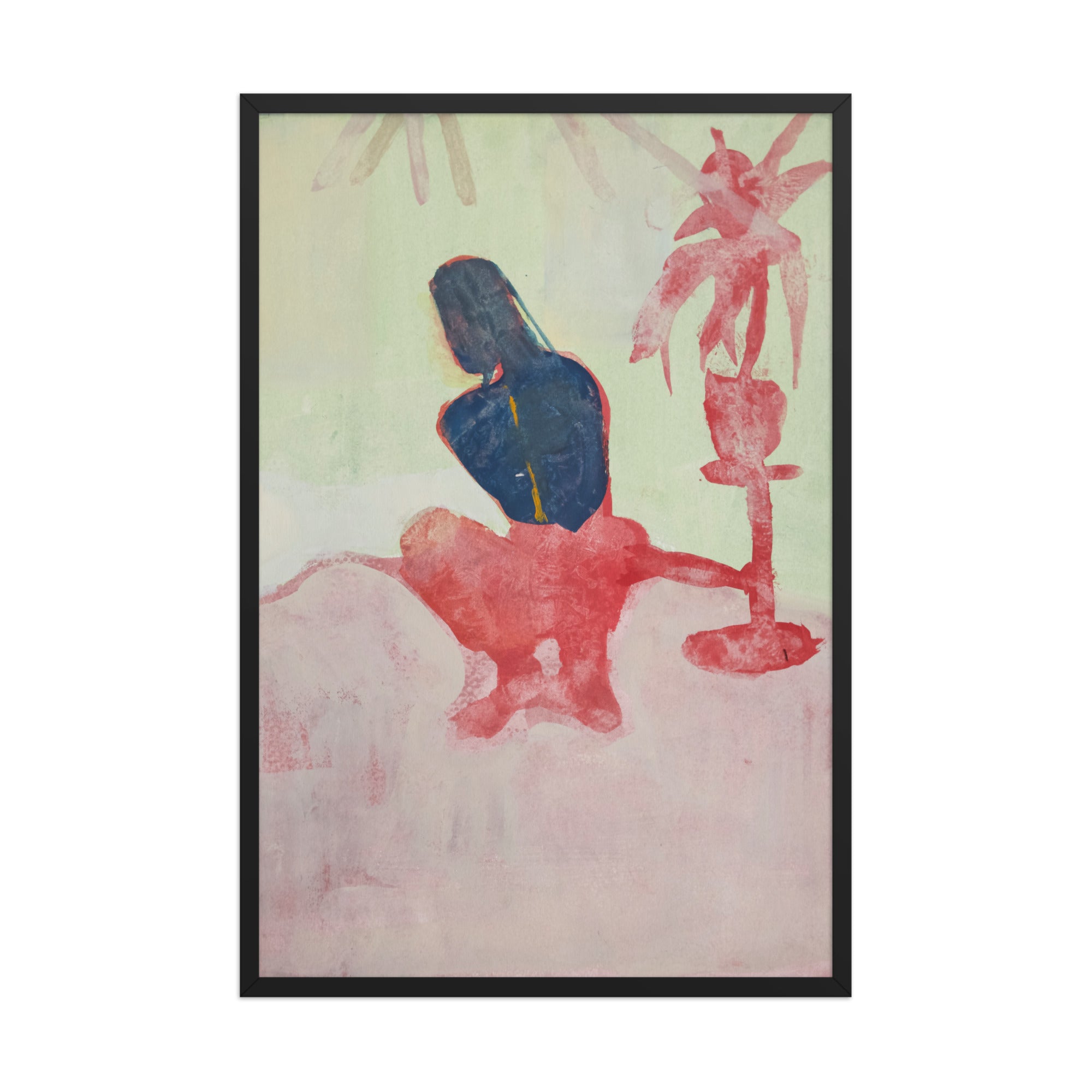 Abstract artwork with a figure on a light green background and a red palm tree