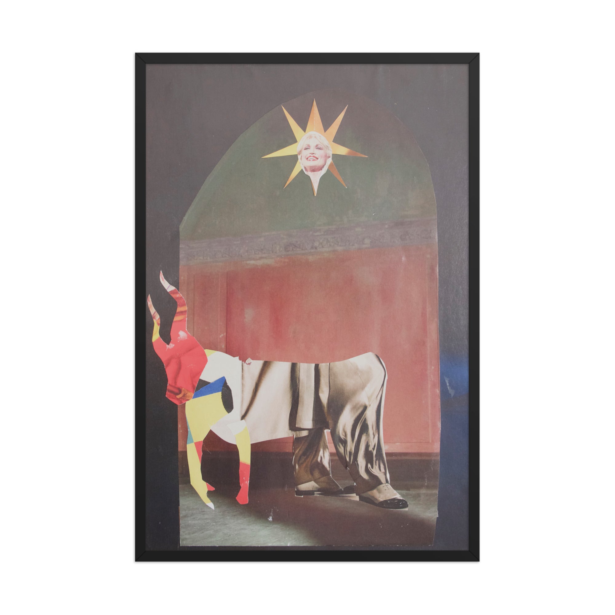 Framed artwork with a colorful collage of a bull-like creature and a sun with the face of dolly parton