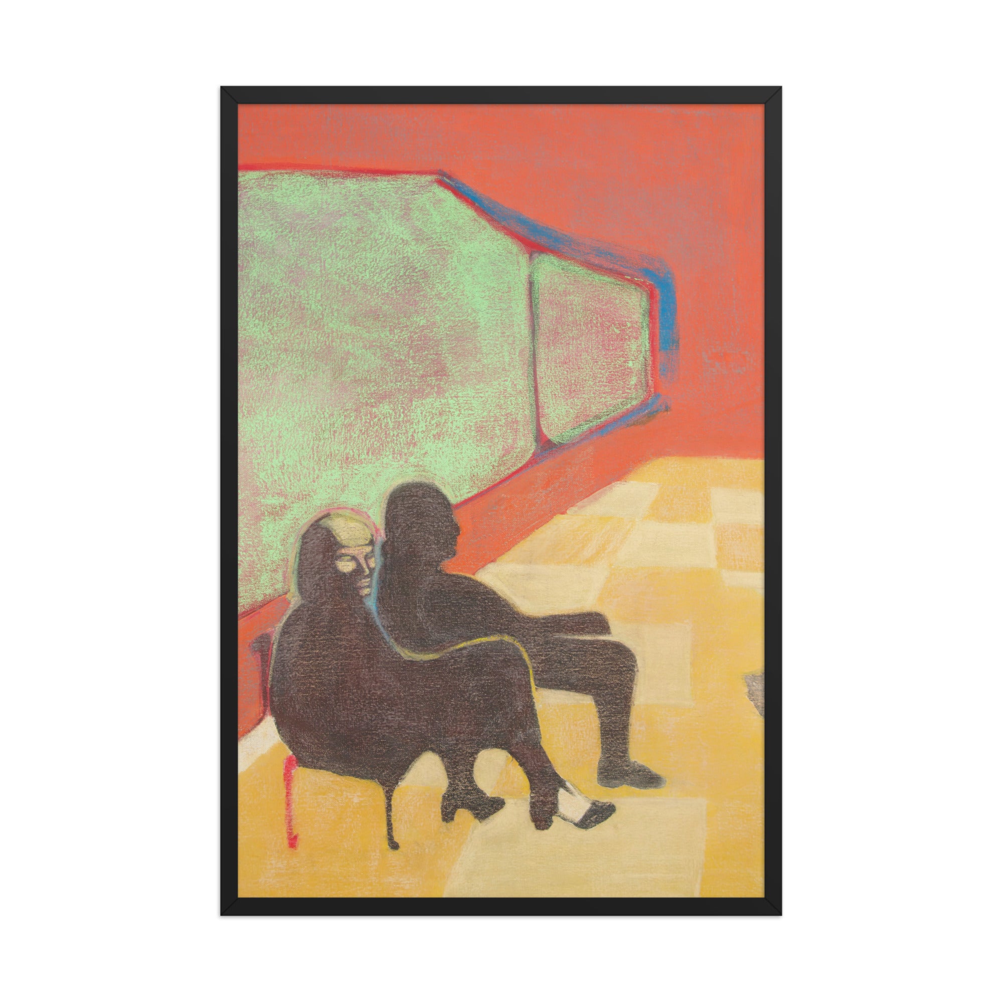 Artistic depiction of two figures sitting in a colourful room