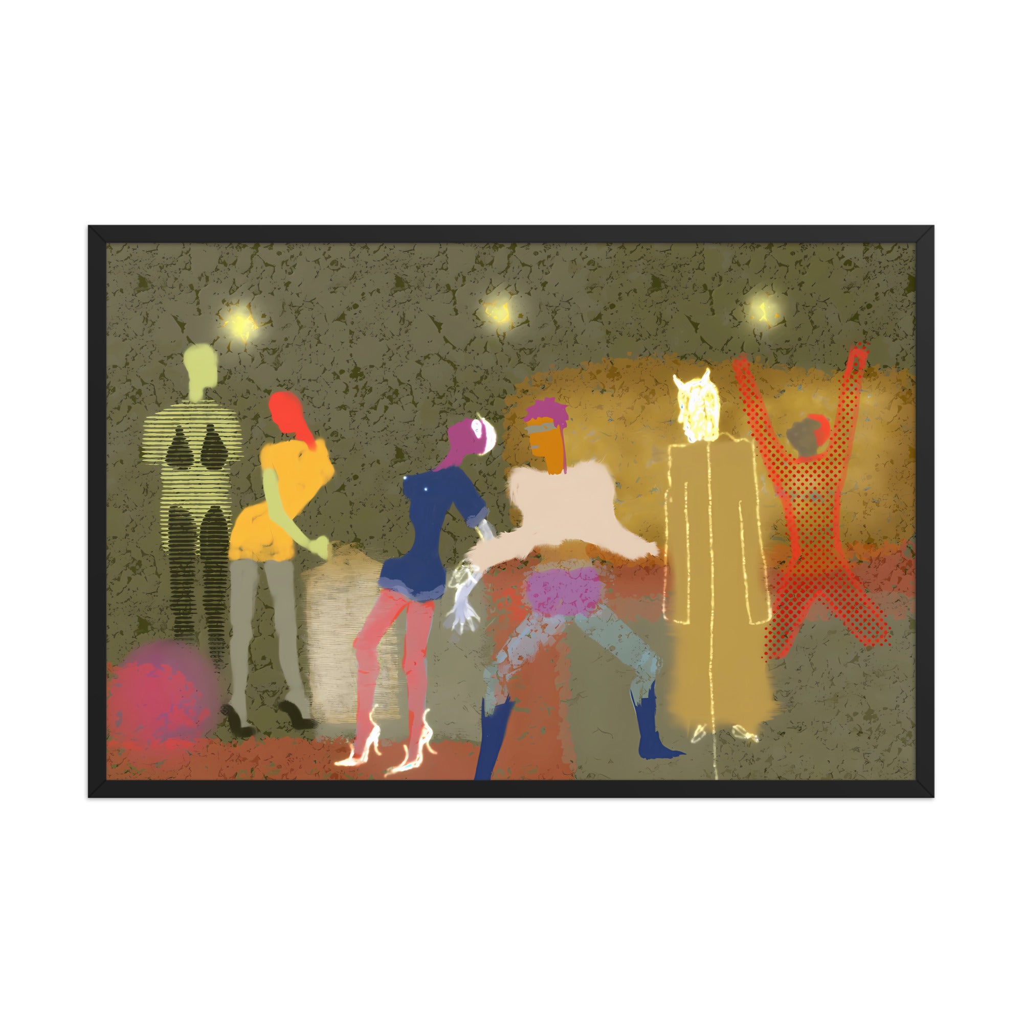 artist print of colourful figures dancing at a party with a devil