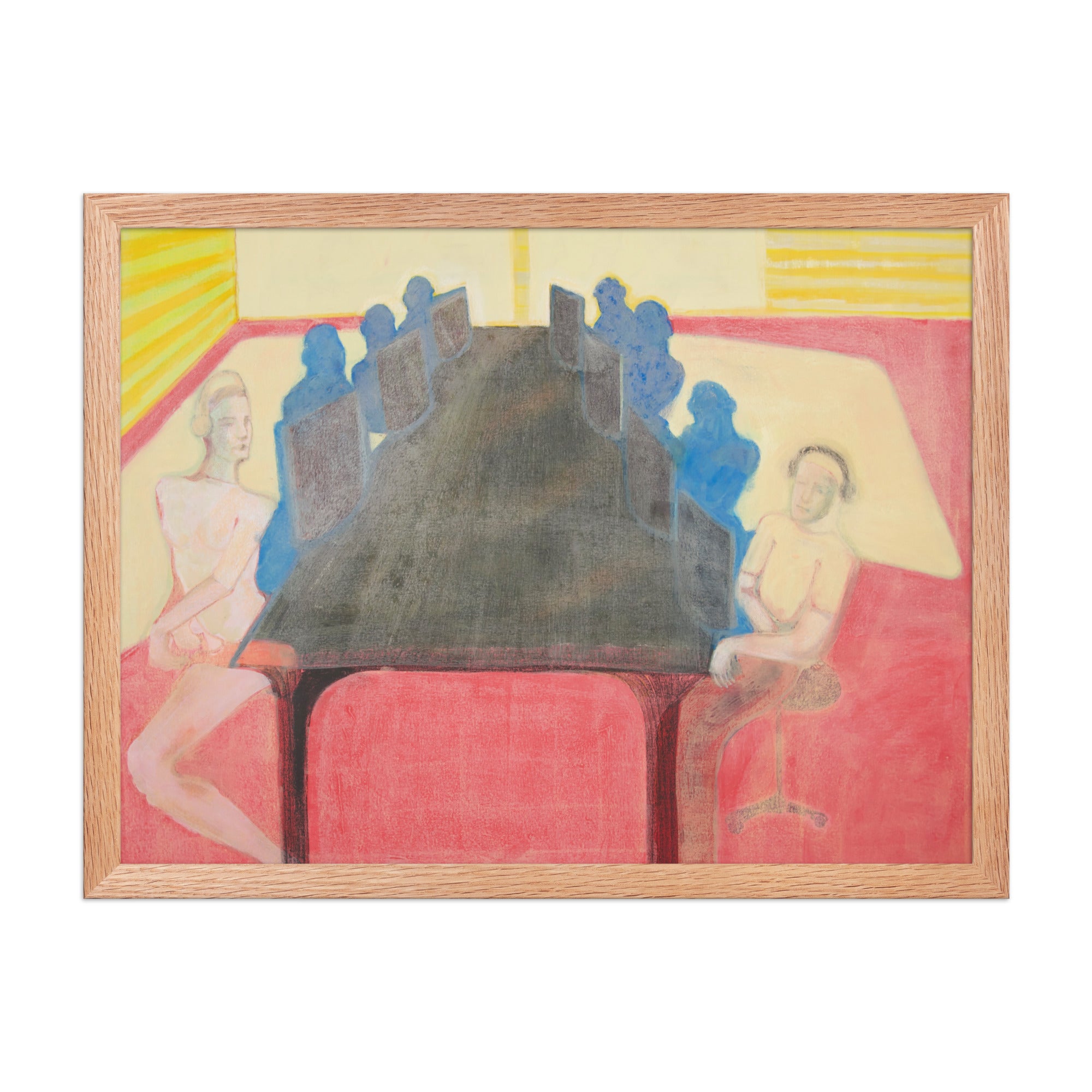 Artistic depiction of a group of people in an office setting with computers with abstract elements and vibrant colors.