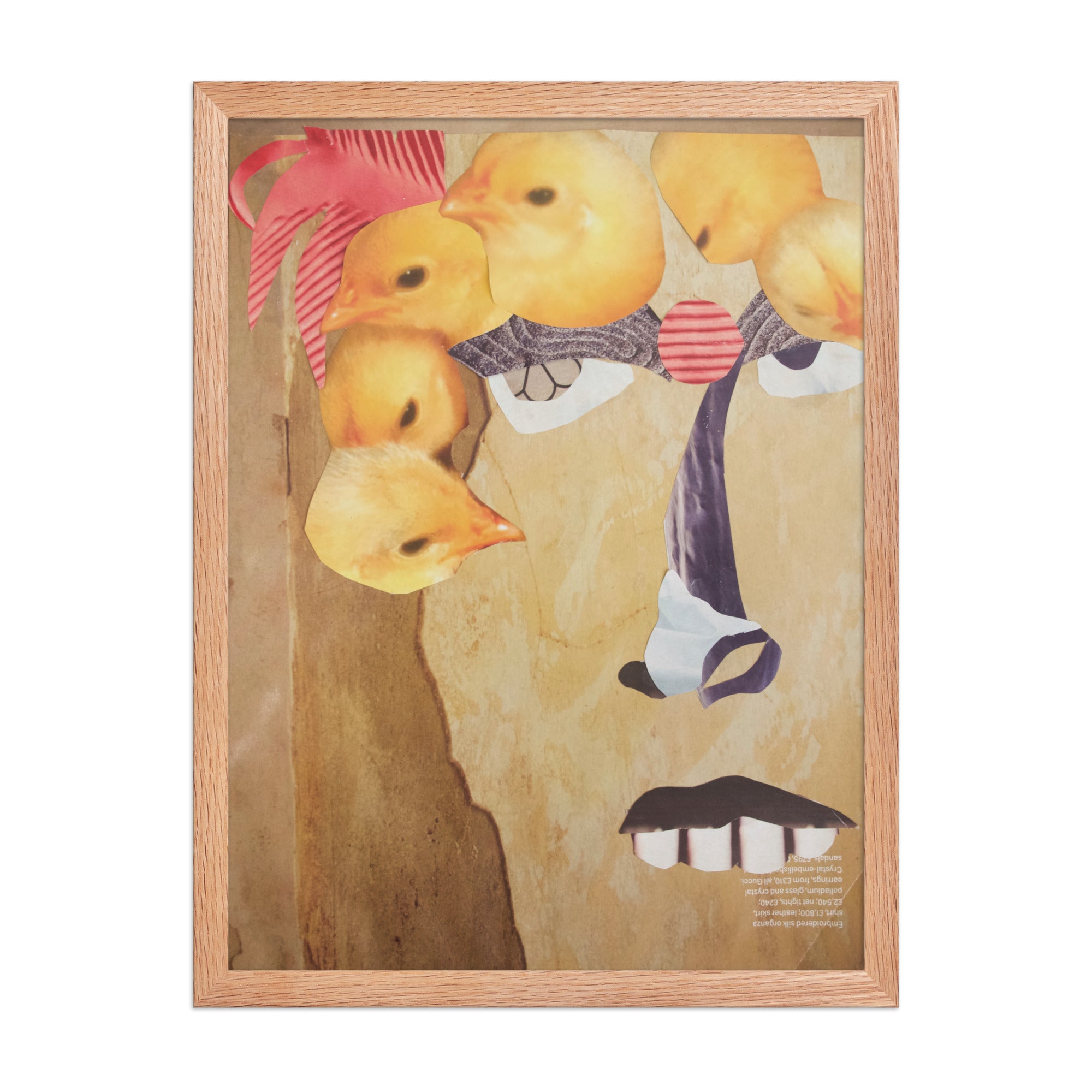 artist collage of a yellow face with big teeth and chicks over its head
