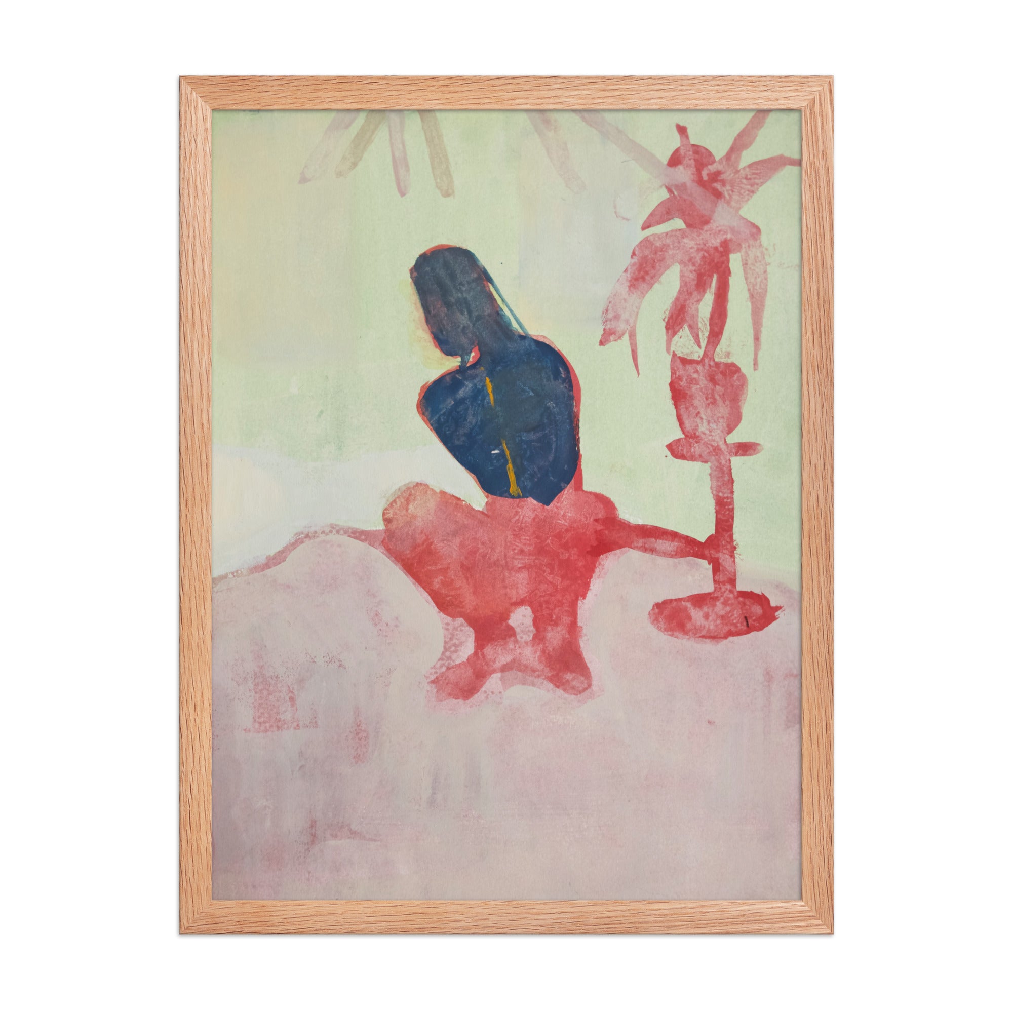 Abstract artwork with a figure on a light green background and a red palm tree