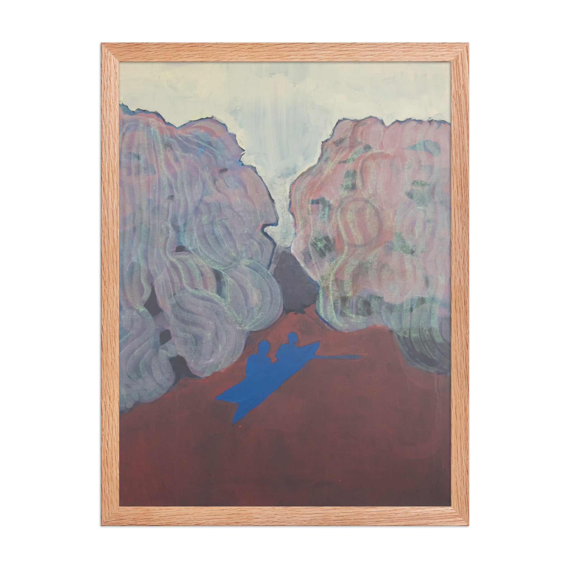 Abstract artwork with two large expressive willow trees and a blue silhouette of a kayak 