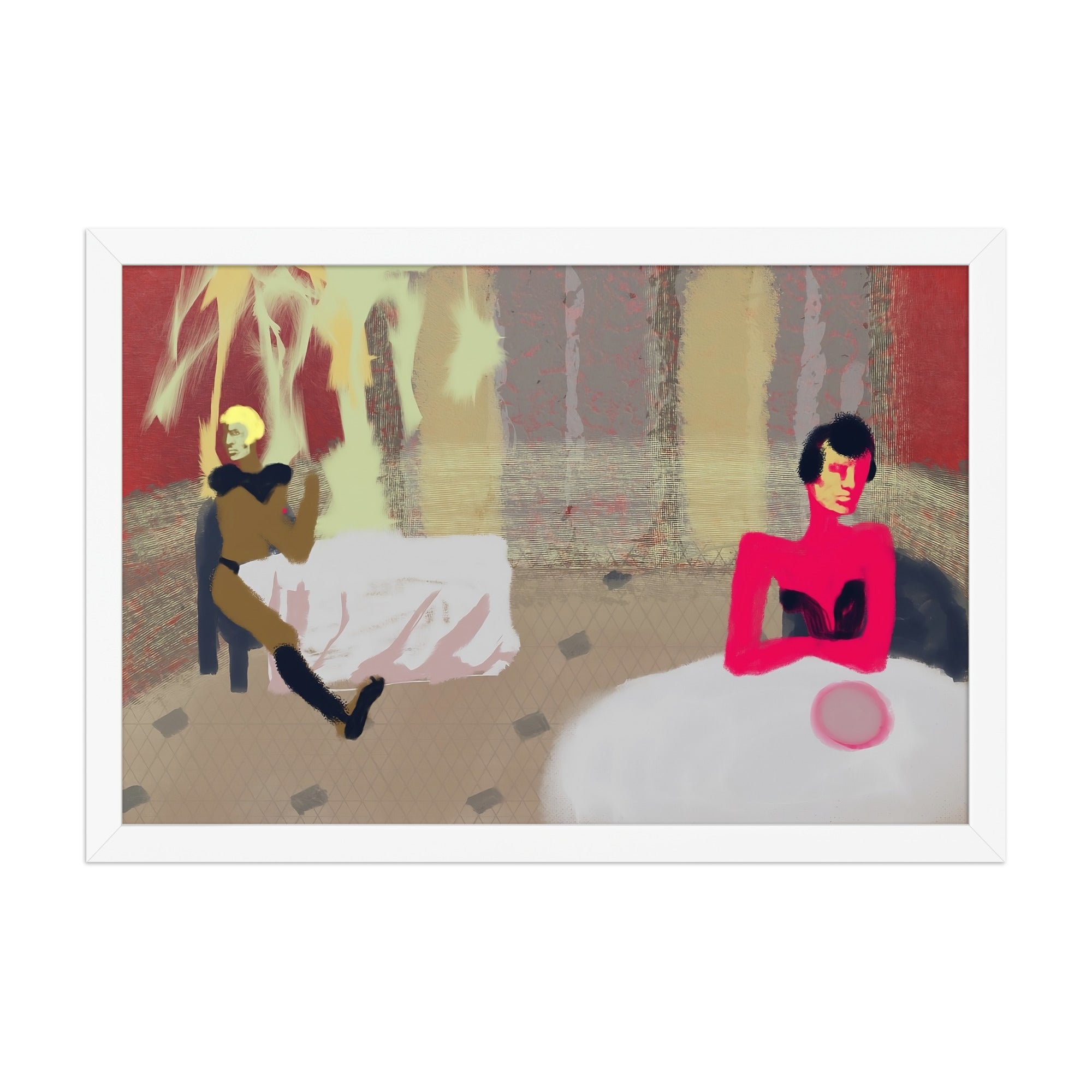 Art print of two colourful figures seated at tables over a tiled floor