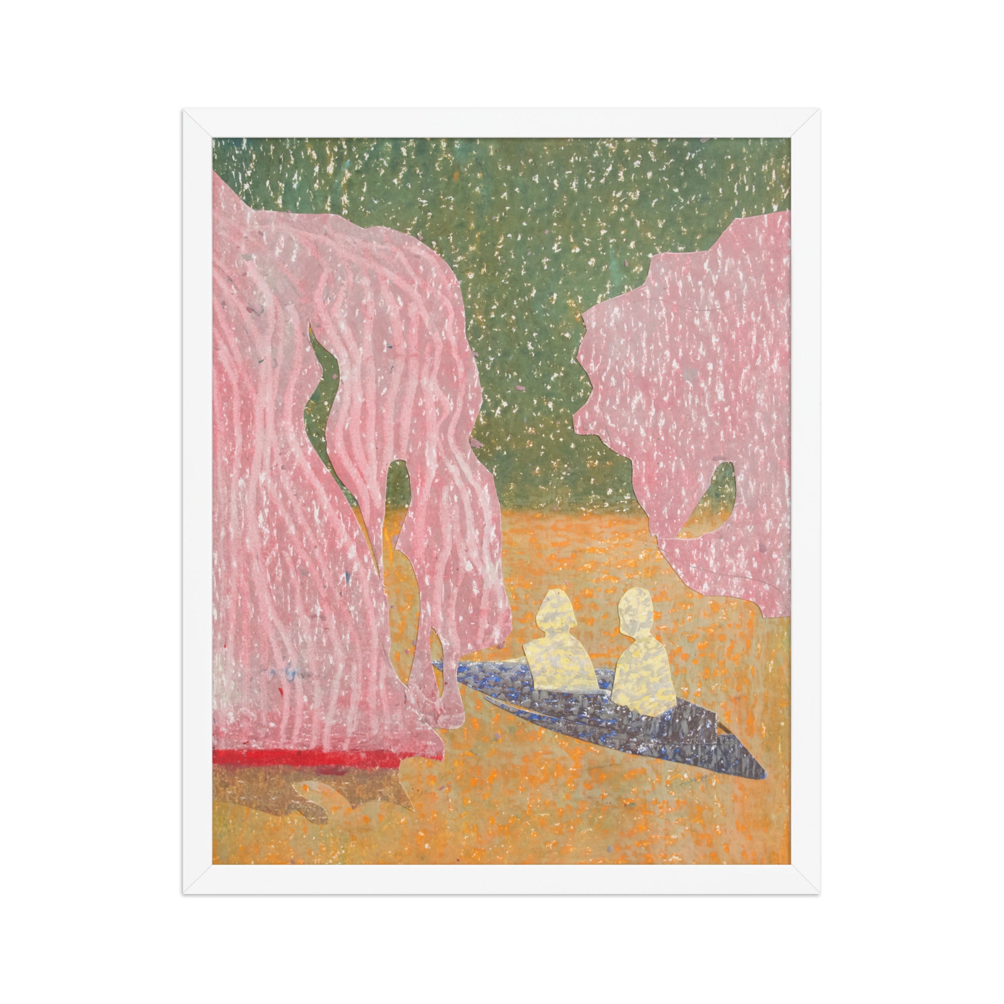 Artistic depiction of two figures kayaking under pink trees in a landscape.
