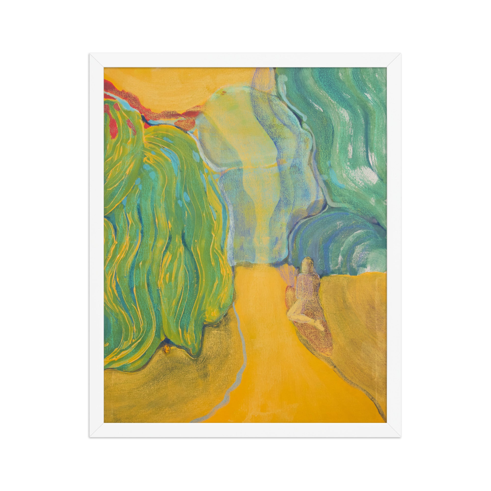 Abstract artwork with wavy green and blue willow trees on a yellow background