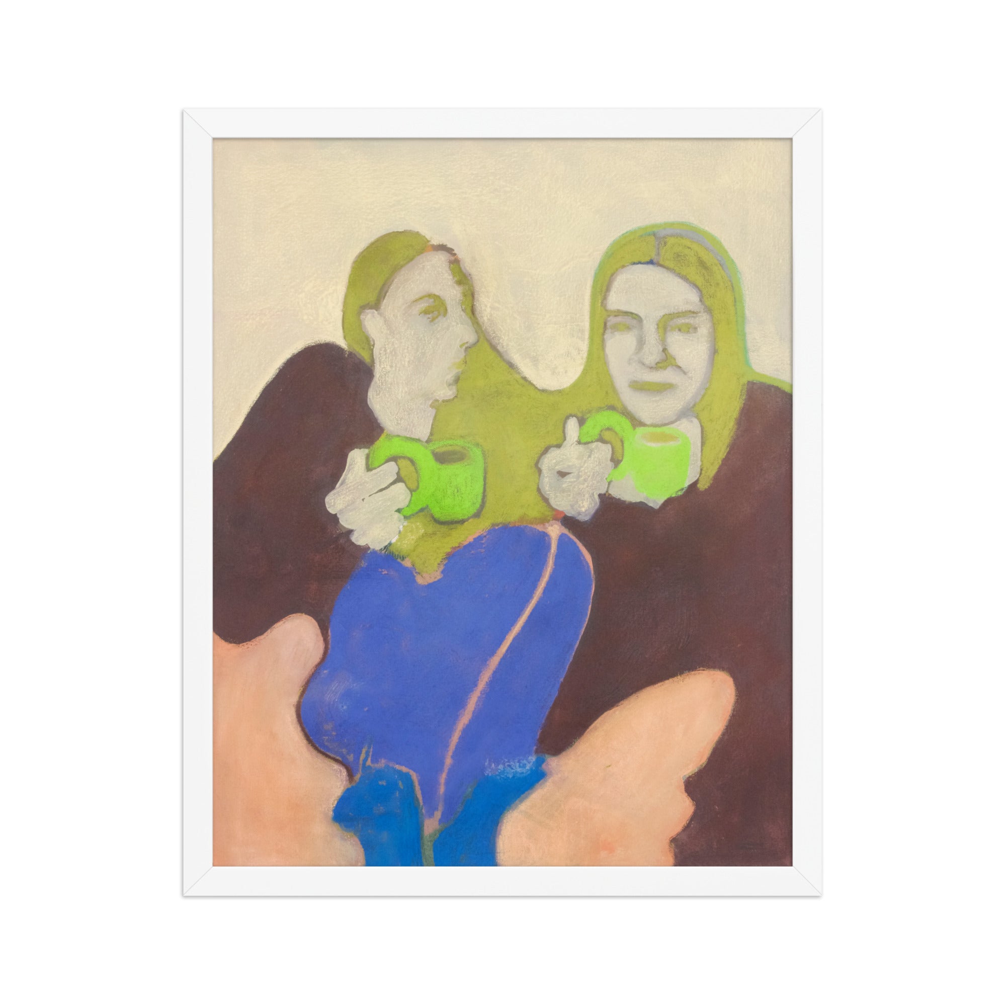 Artistic depiction of two figures holding green mugs against a beige background