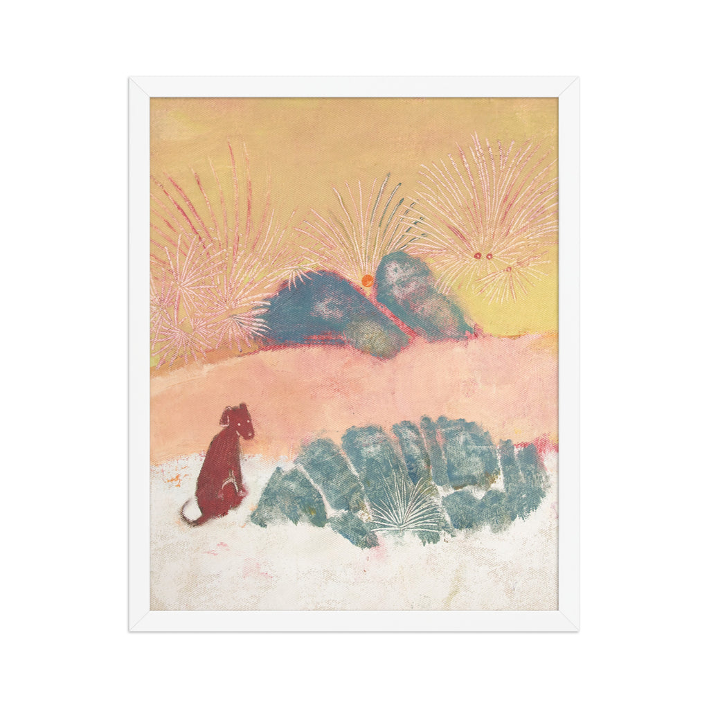 Framed artwork with a stylized landscape and a dog on a beige background