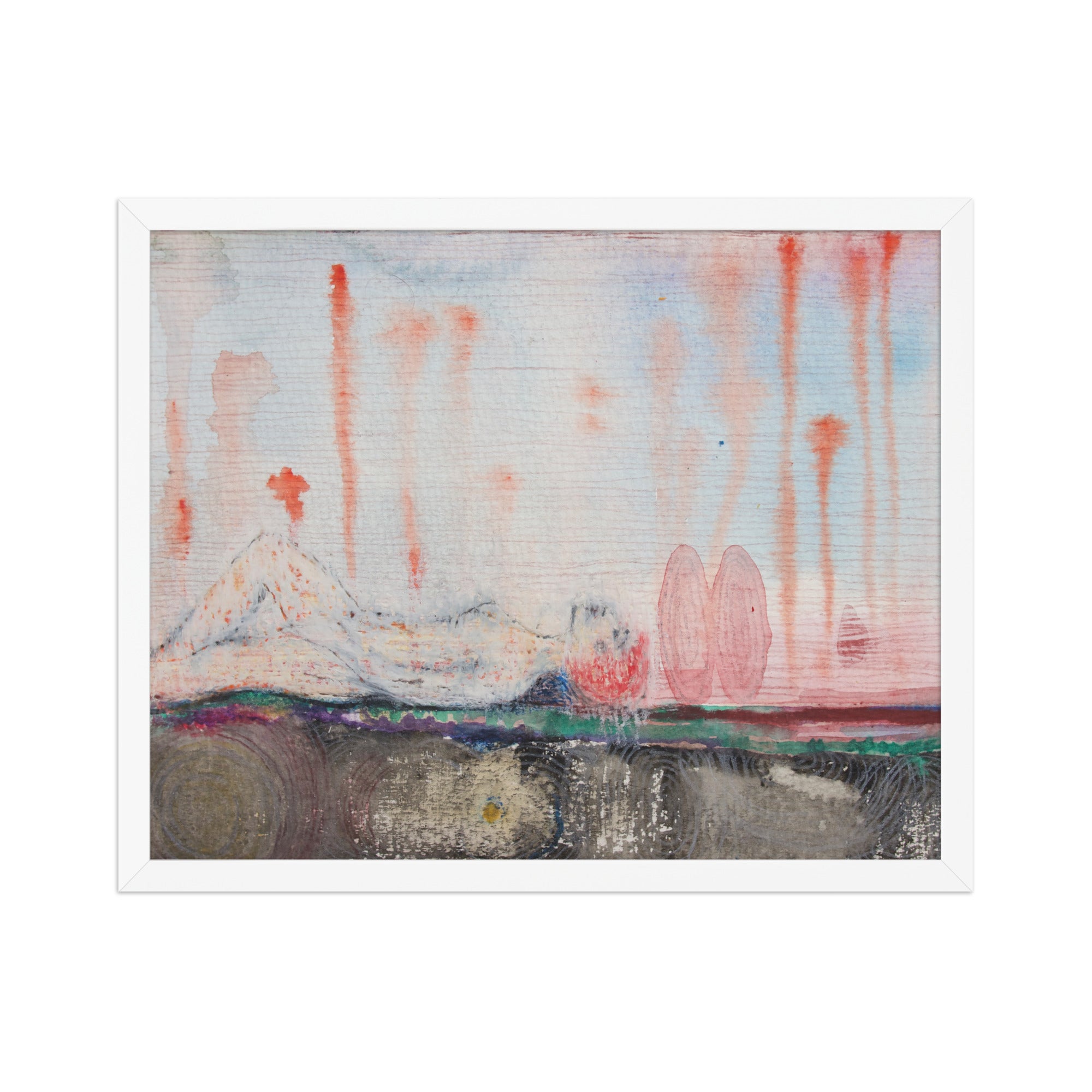Abstract painting of a girl laying with red, blue, and pink hues on a white background