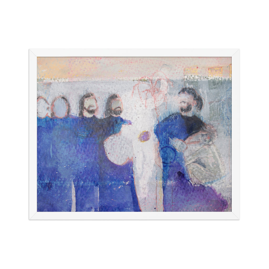 Framed artwork of a band in blue clothing with a central figure holding a guitar.