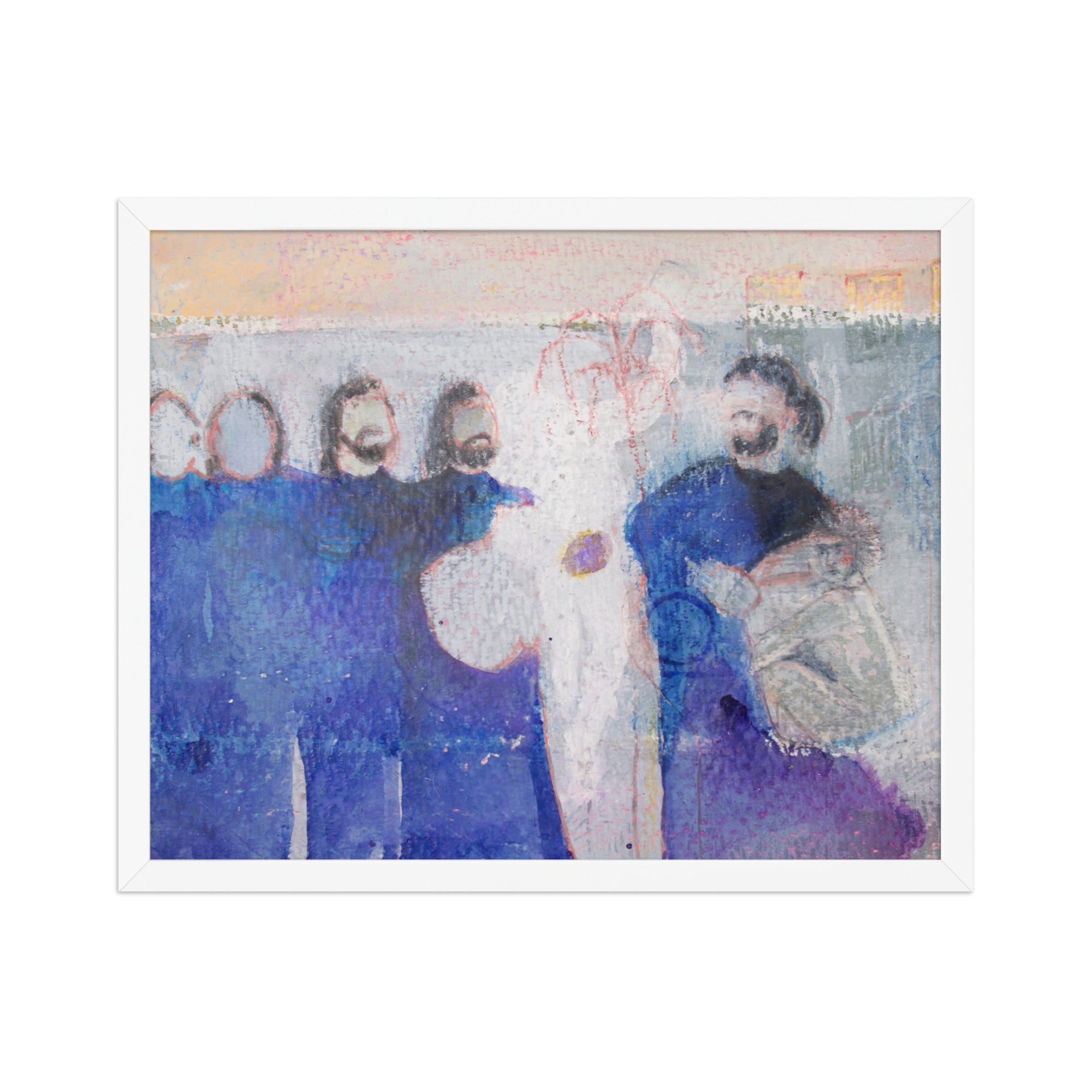 Framed artwork of a band in blue clothing with a central figure holding a guitar.