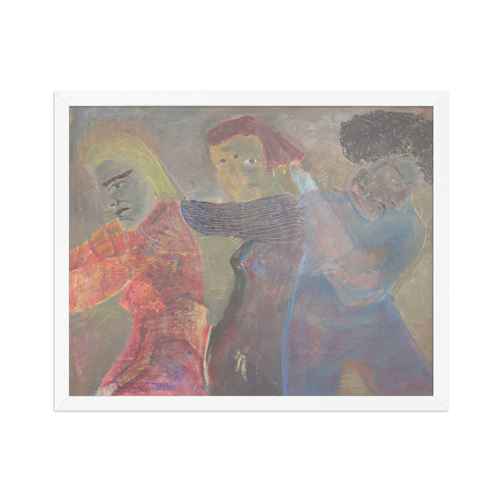 Abstract artwork of three figures leaning against each other