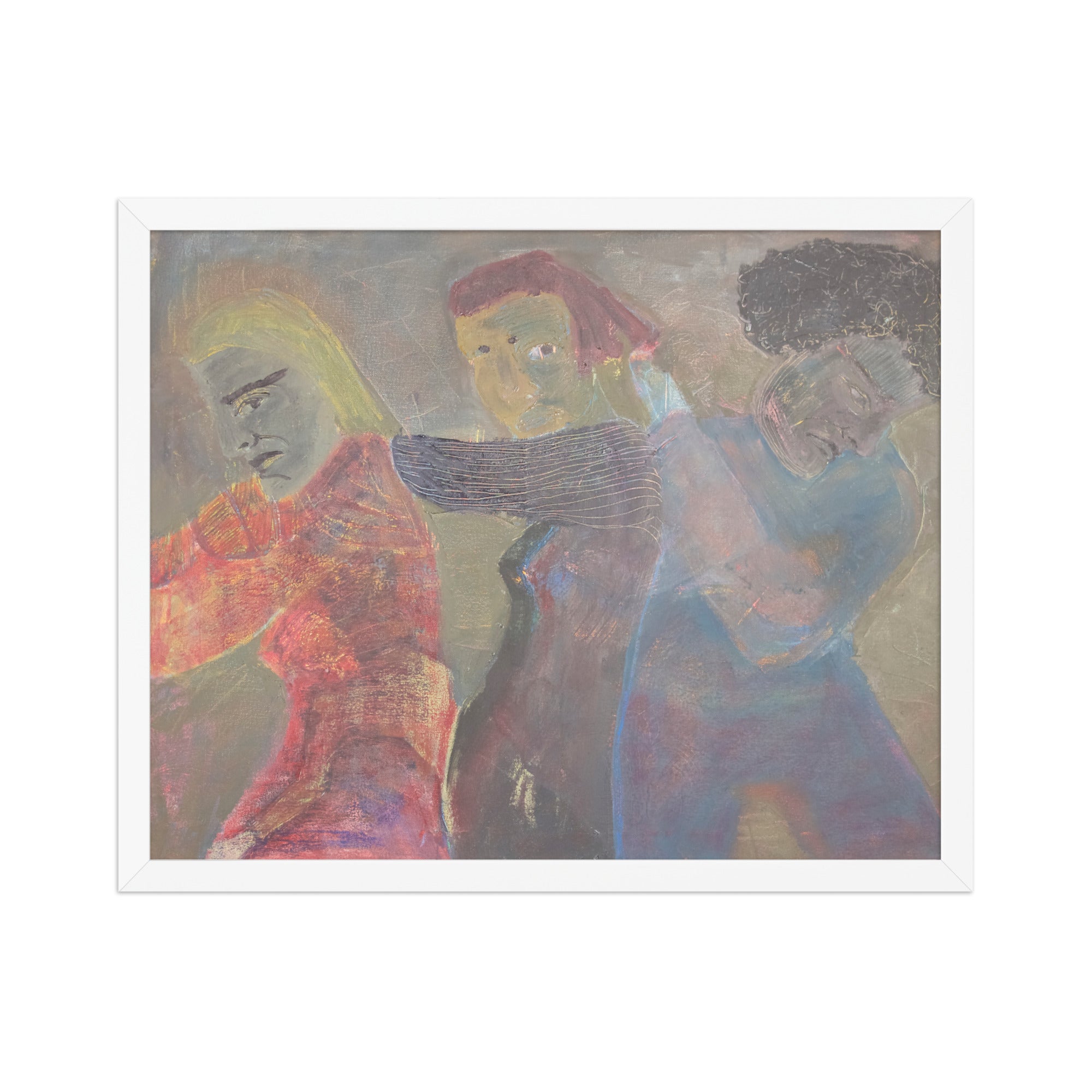 Abstract artwork of three figures leaning against each other