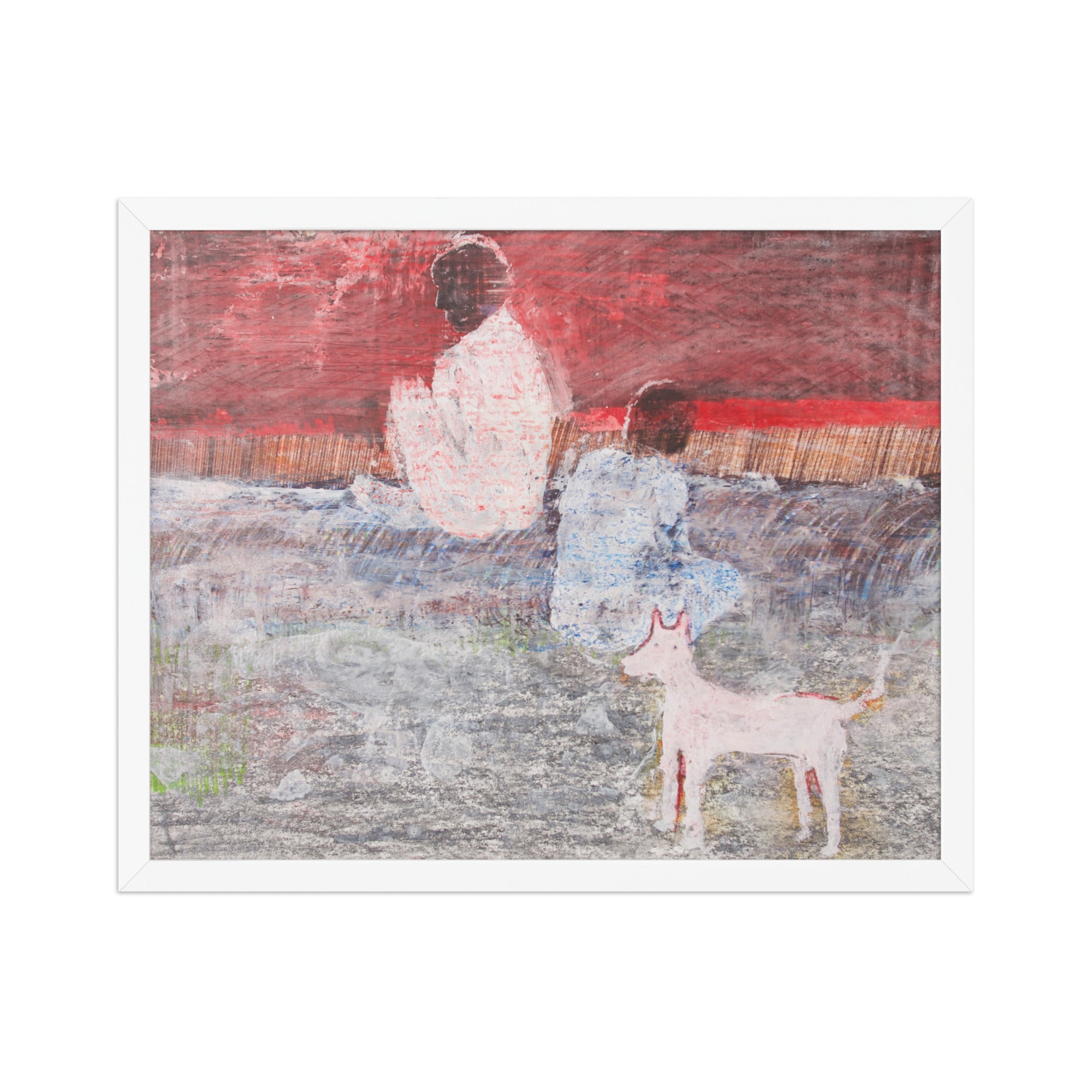 Framed artwork of two figures with a dog against a red sky.