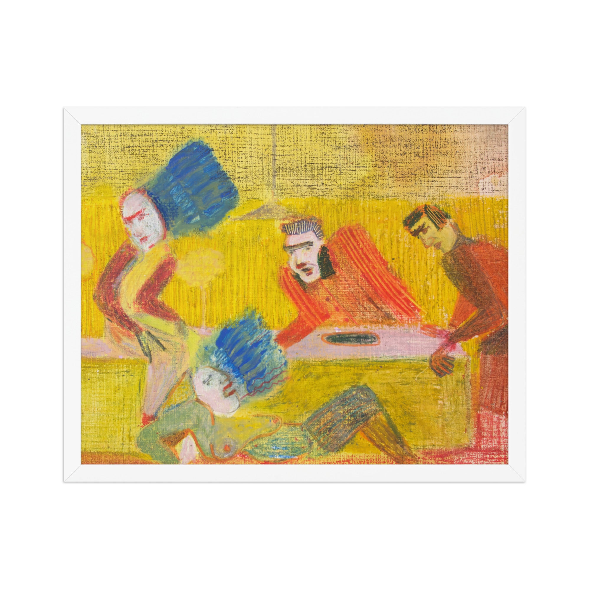 Artistic depiction of four figures with colorful clothing on a textured yellow background