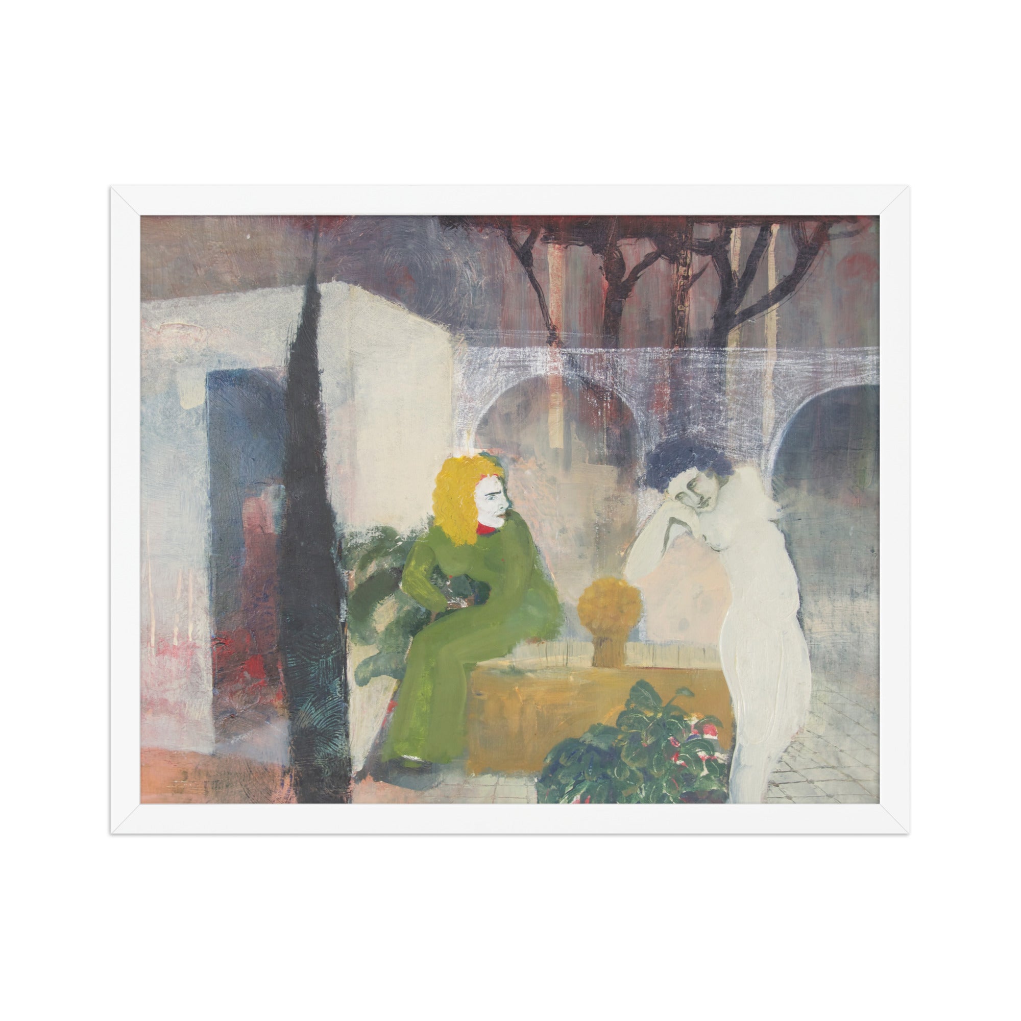 Framed artwork of a woman in a green dress sitting next to a white figure in an outdoor setting.
