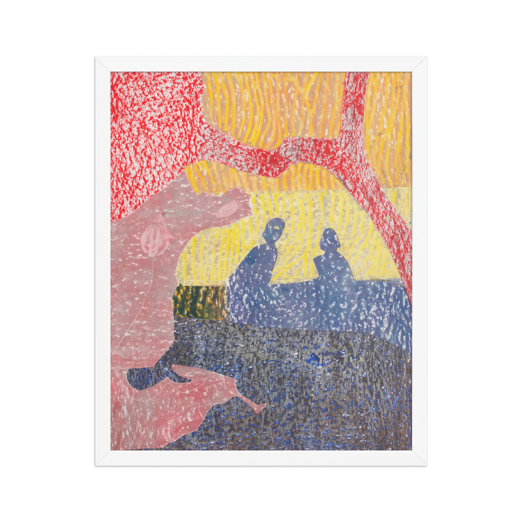 Abstract artwork with colorful patterns and silhouettes on a white background